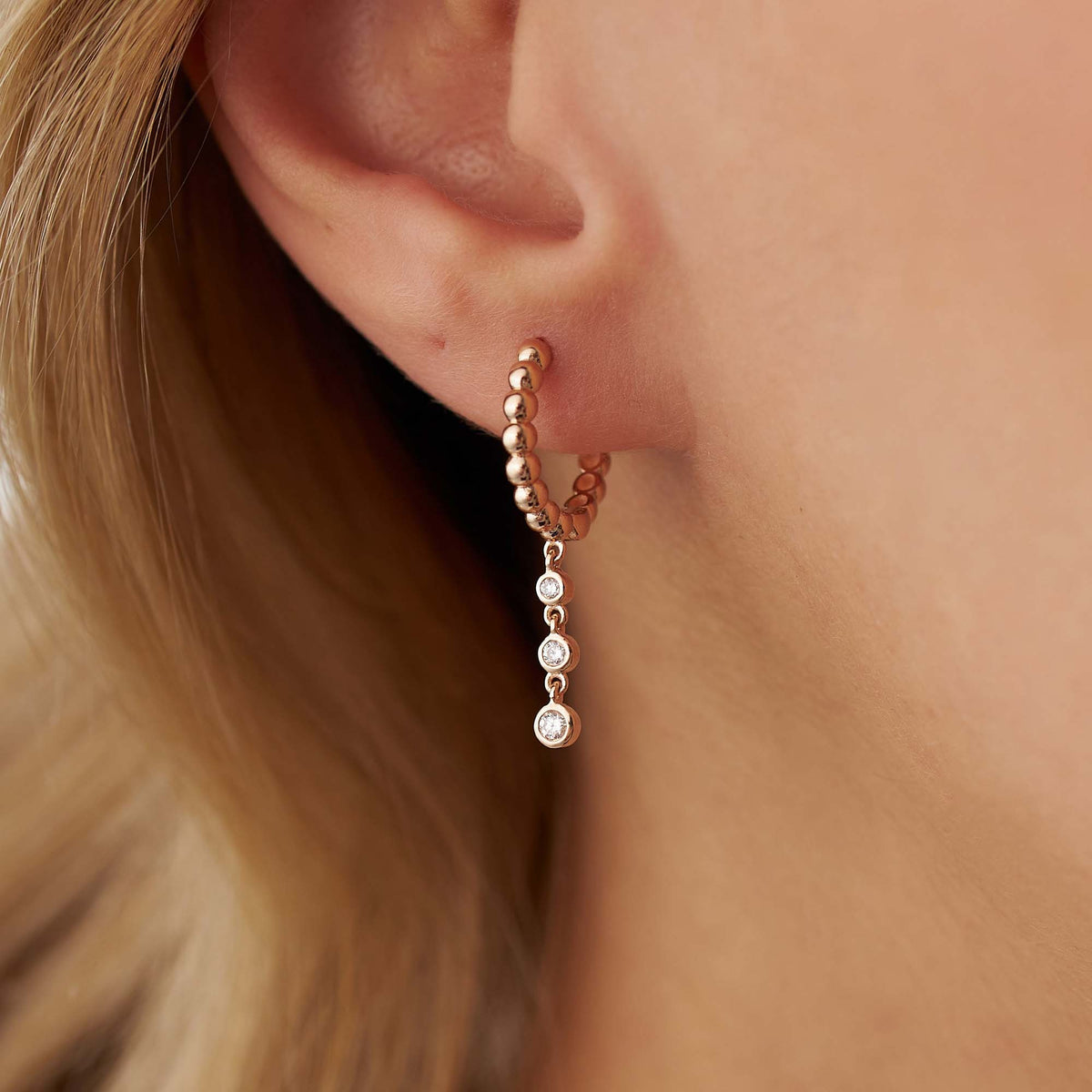 Beaded Diamond Drop Hoops in 14K Gold