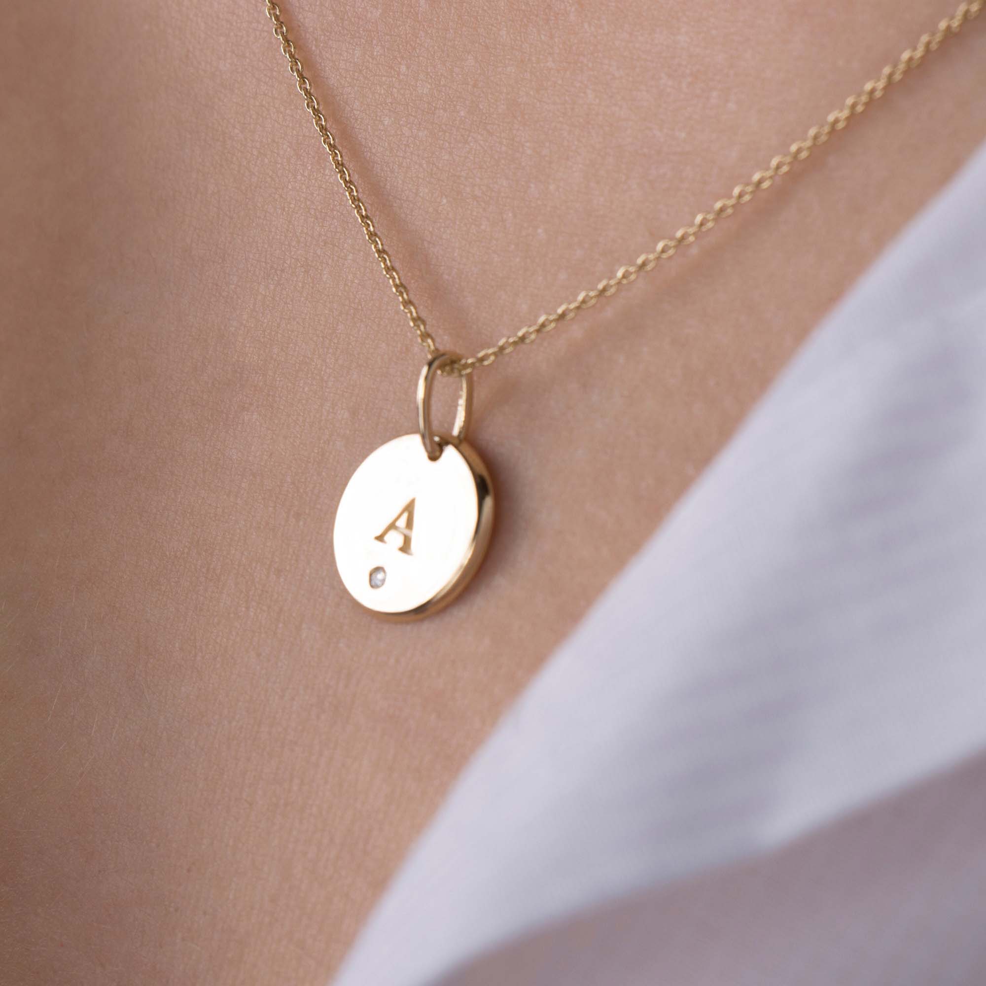 Mini Birthstone Initial Disc Pendant in 14K Gold