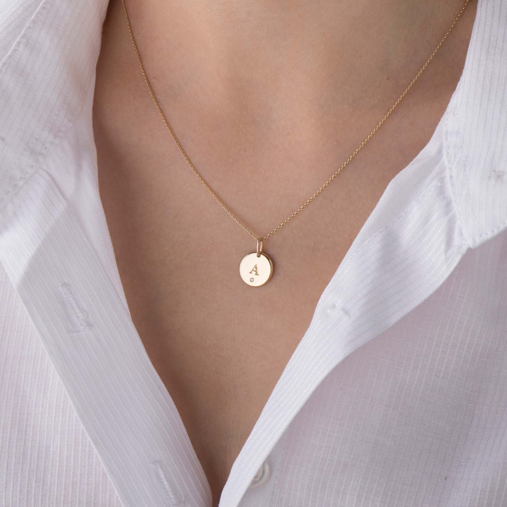 Mini Birthstone Initial Disc Pendant in 14K Gold