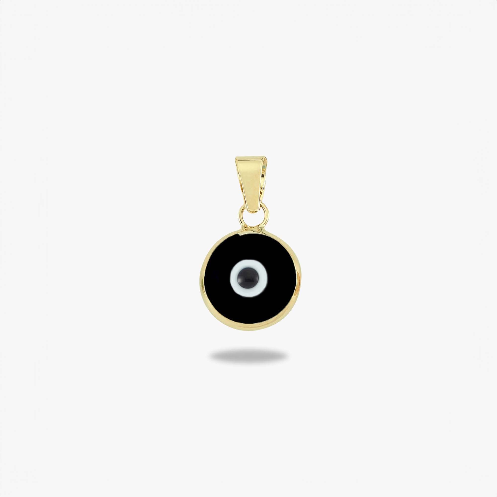 A 14k yellow gold black evil eye pendant shown on a white background