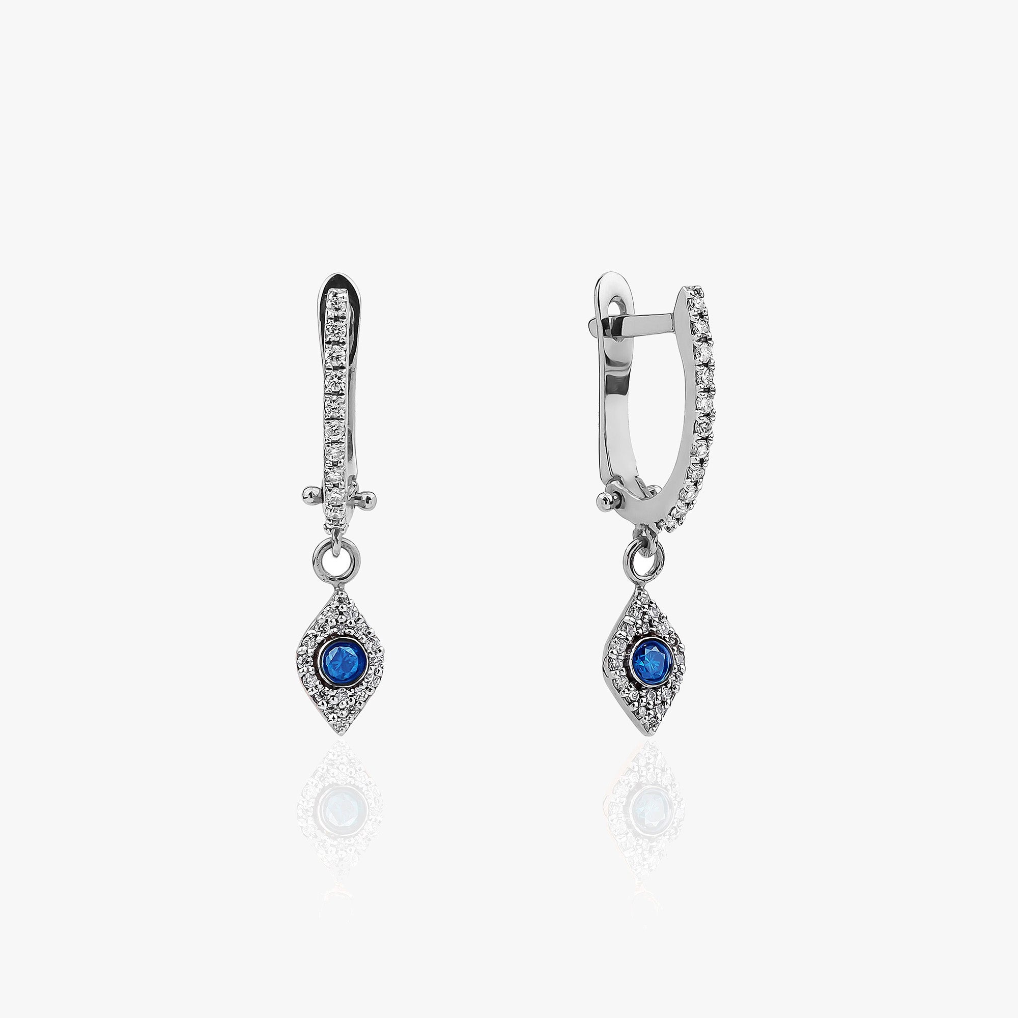 Blue and White Diamond Evil Eye Huggies in 14K Gold