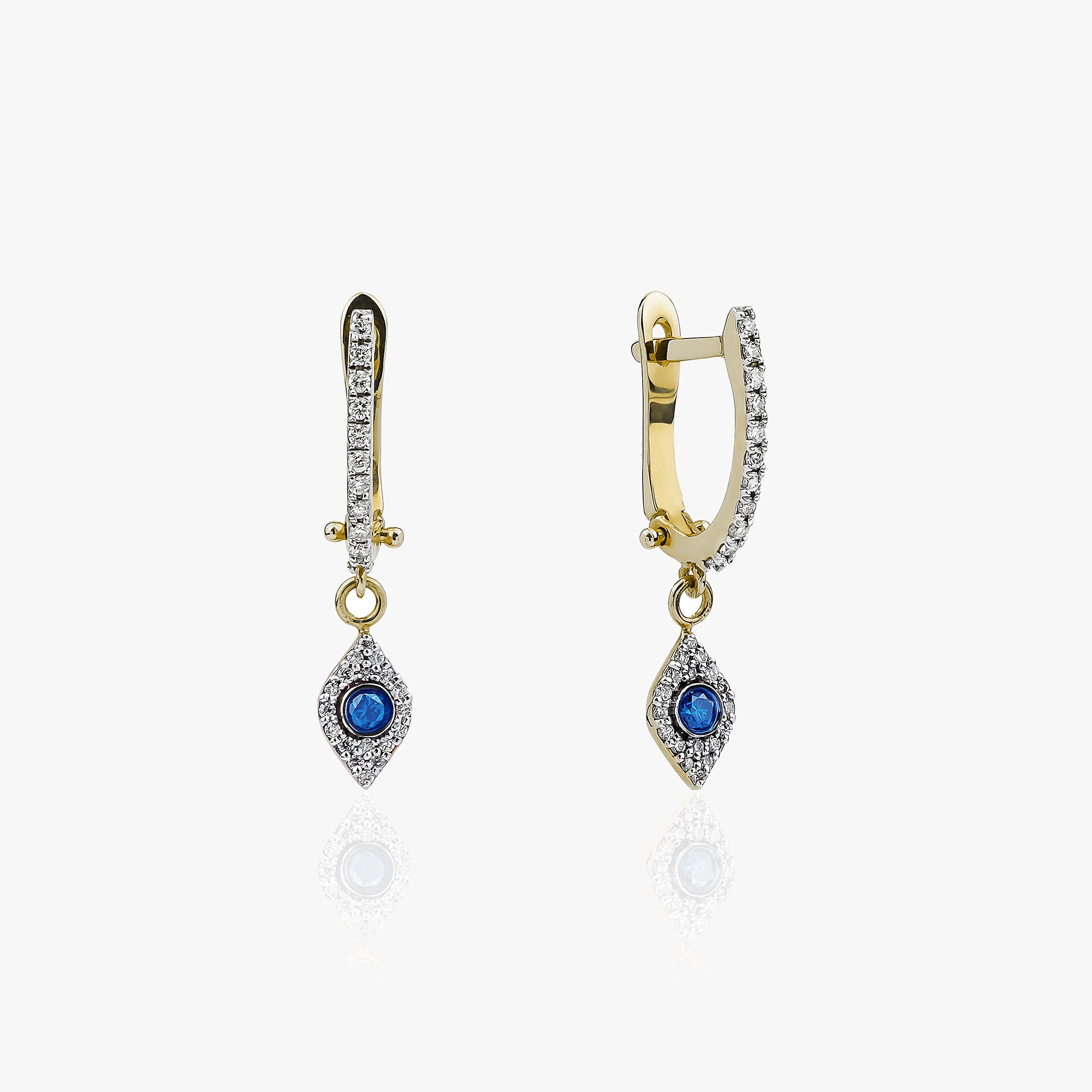 Blue and White Diamond Evil Eye Huggies in 14K Gold
