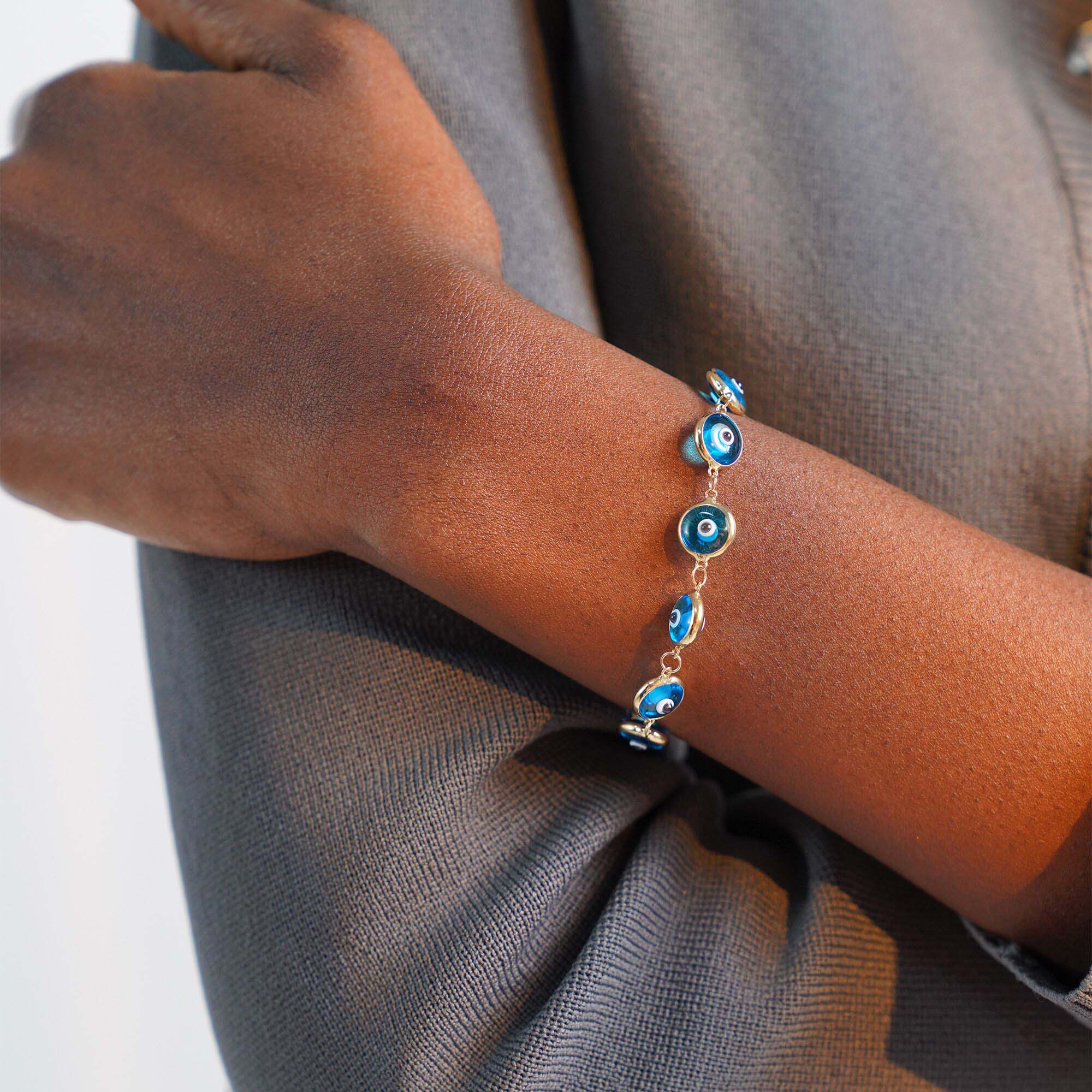 Blue Evil Eye Station Bracelet in 14K Gold