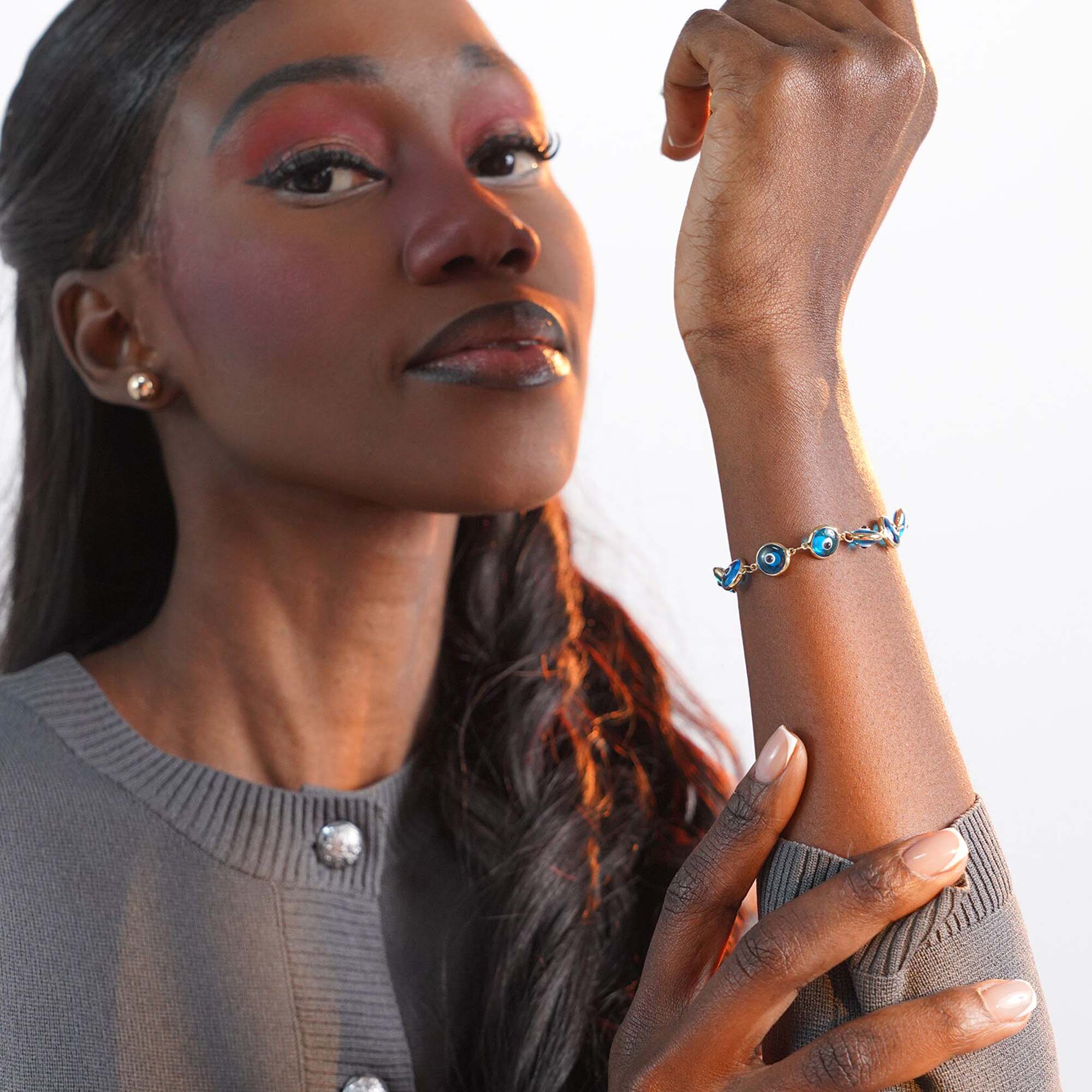 Blue Evil Eye Station Bracelet in 14K Gold