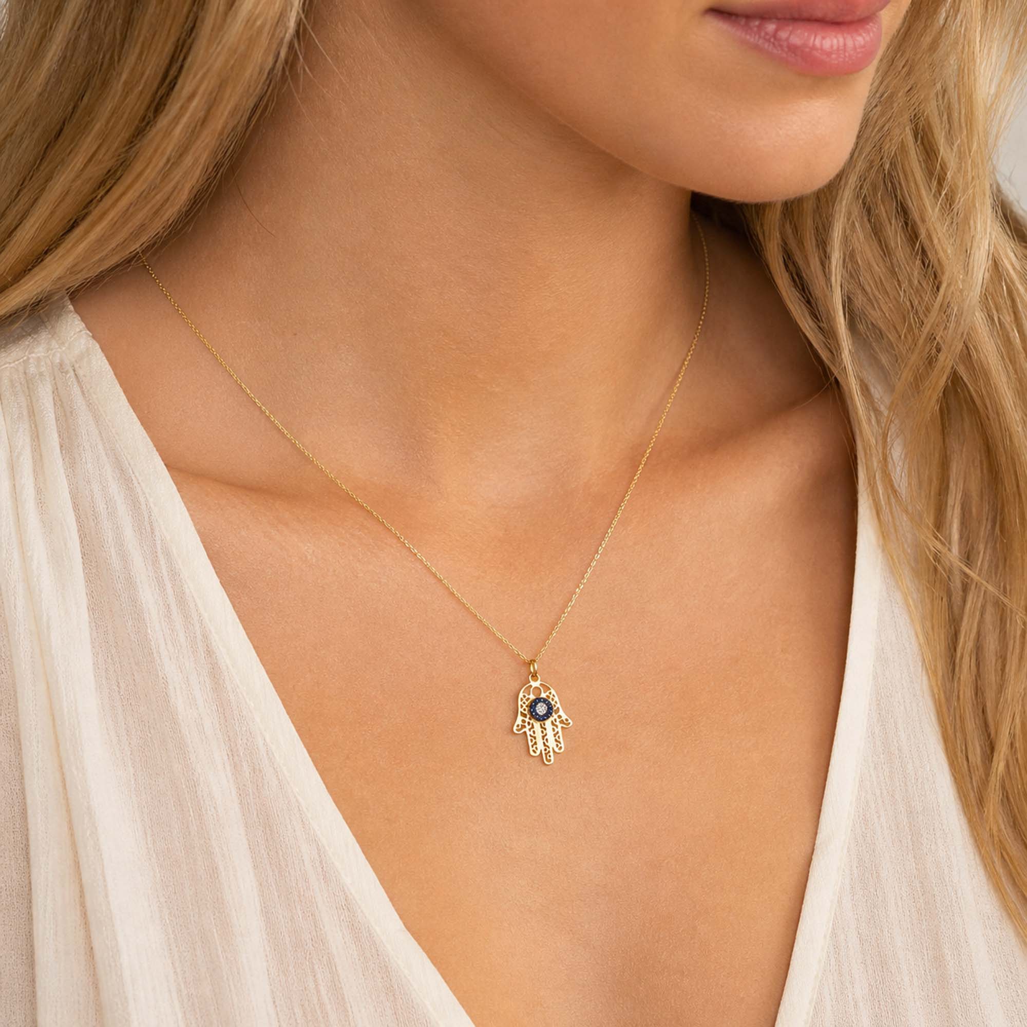 Vintage Blue Sapphire Hamsa Necklace in 14K Gold