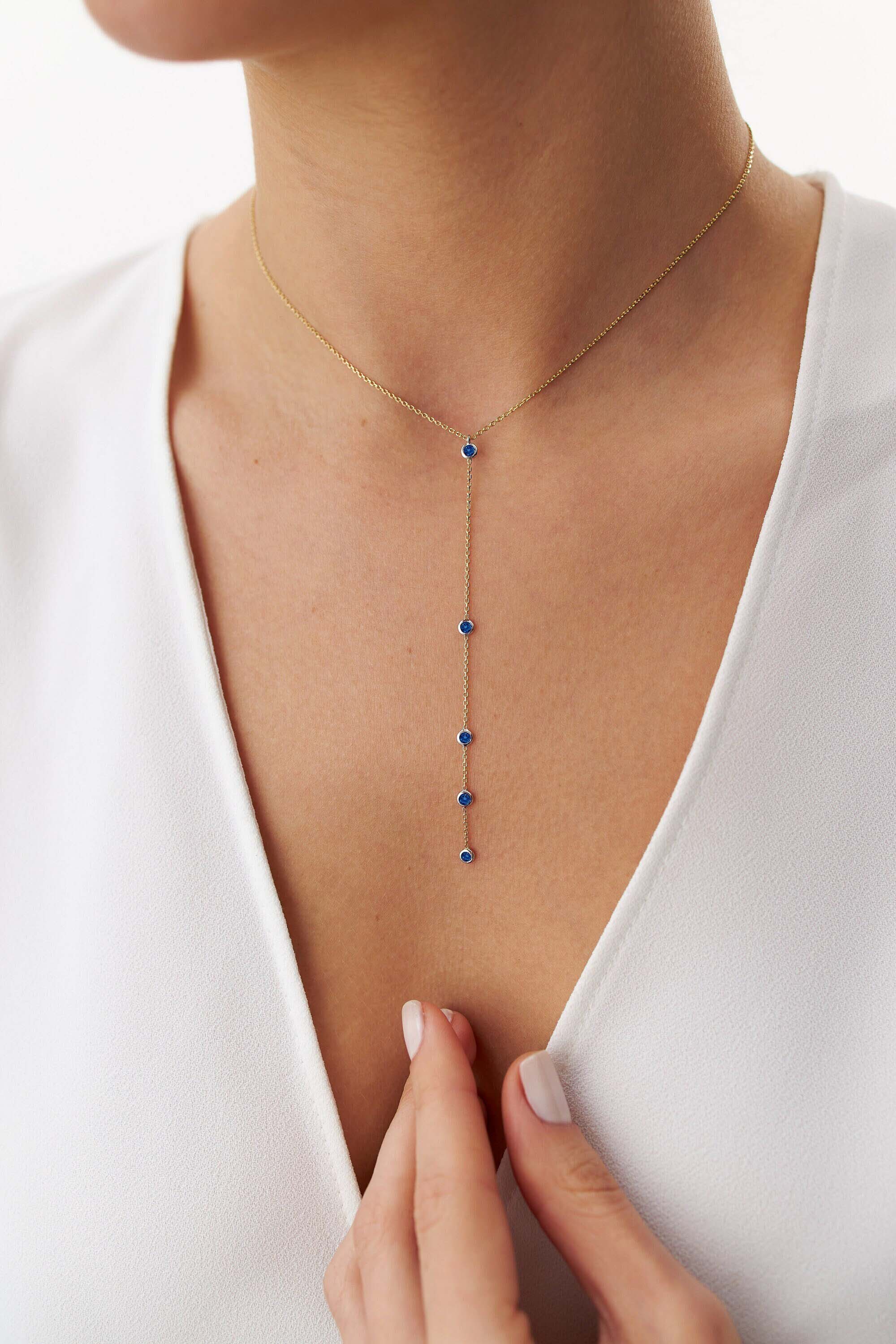 Blue Sapphire Lariat Necklace In 14K Gold