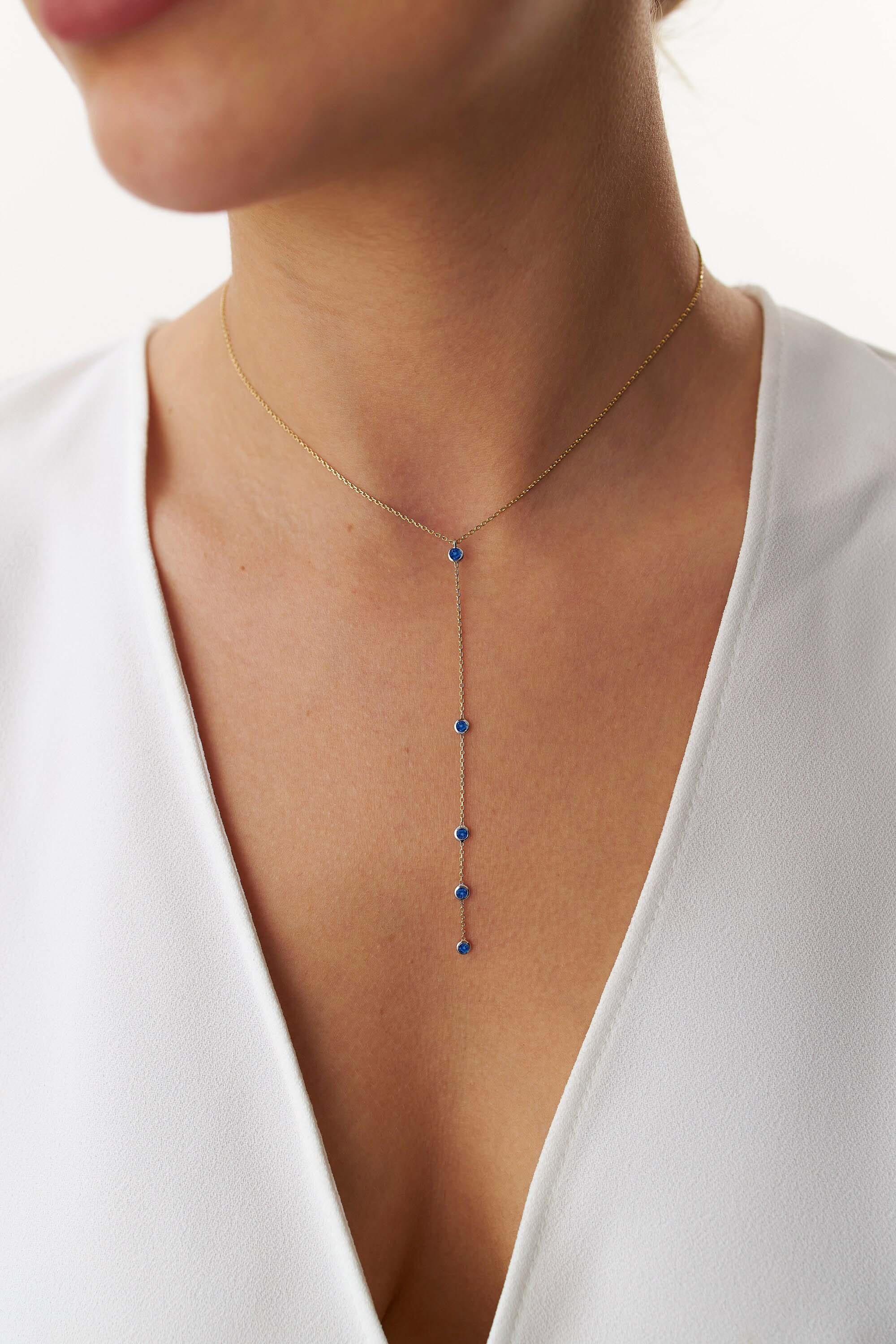 Blue Sapphire Lariat Necklace In 14K Gold