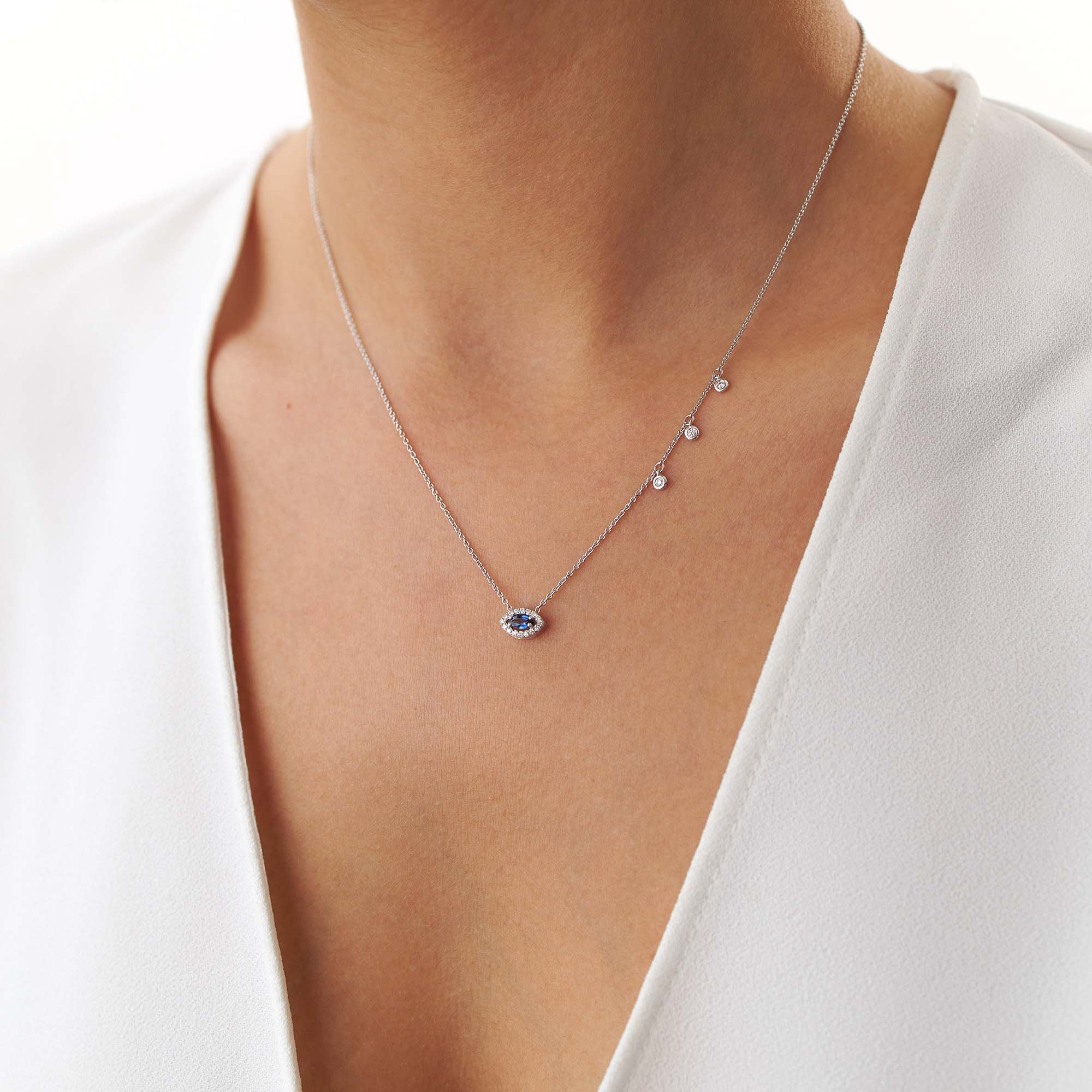 Marquise Cut Blue Sapphire and Diamond Necklace in 14K Gold