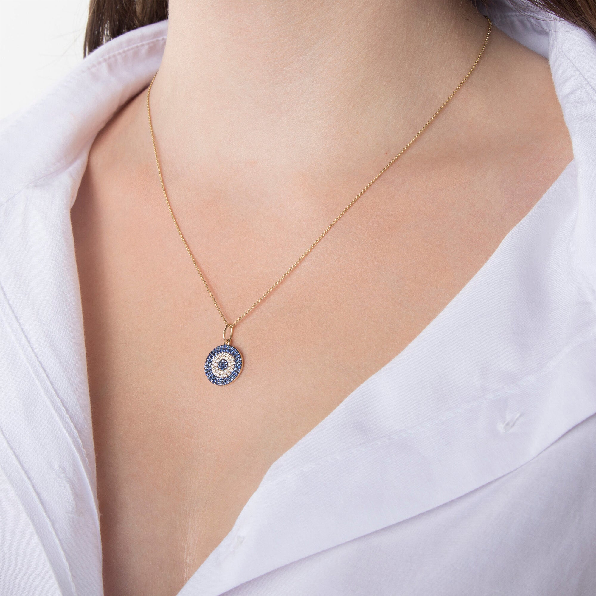 Blue Sapphire and Diamond Evil Eye Necklace in 14K Gold