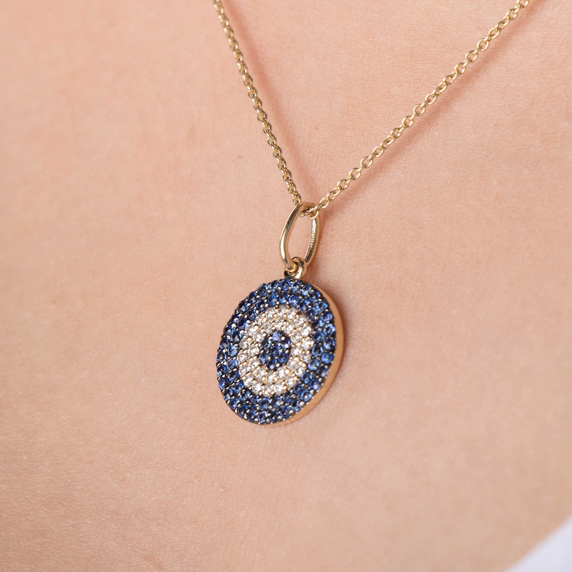 Blue Sapphire and Diamond Evil Eye Necklace in 14K Gold