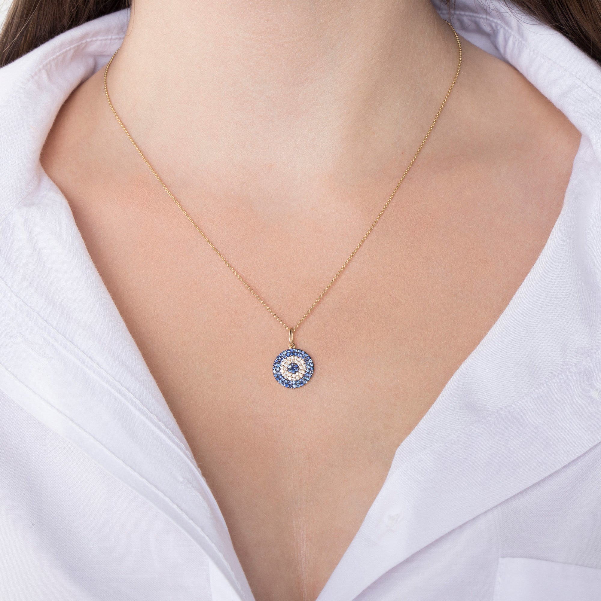 Blue Sapphire and Diamond Evil Eye Necklace in 14K Gold