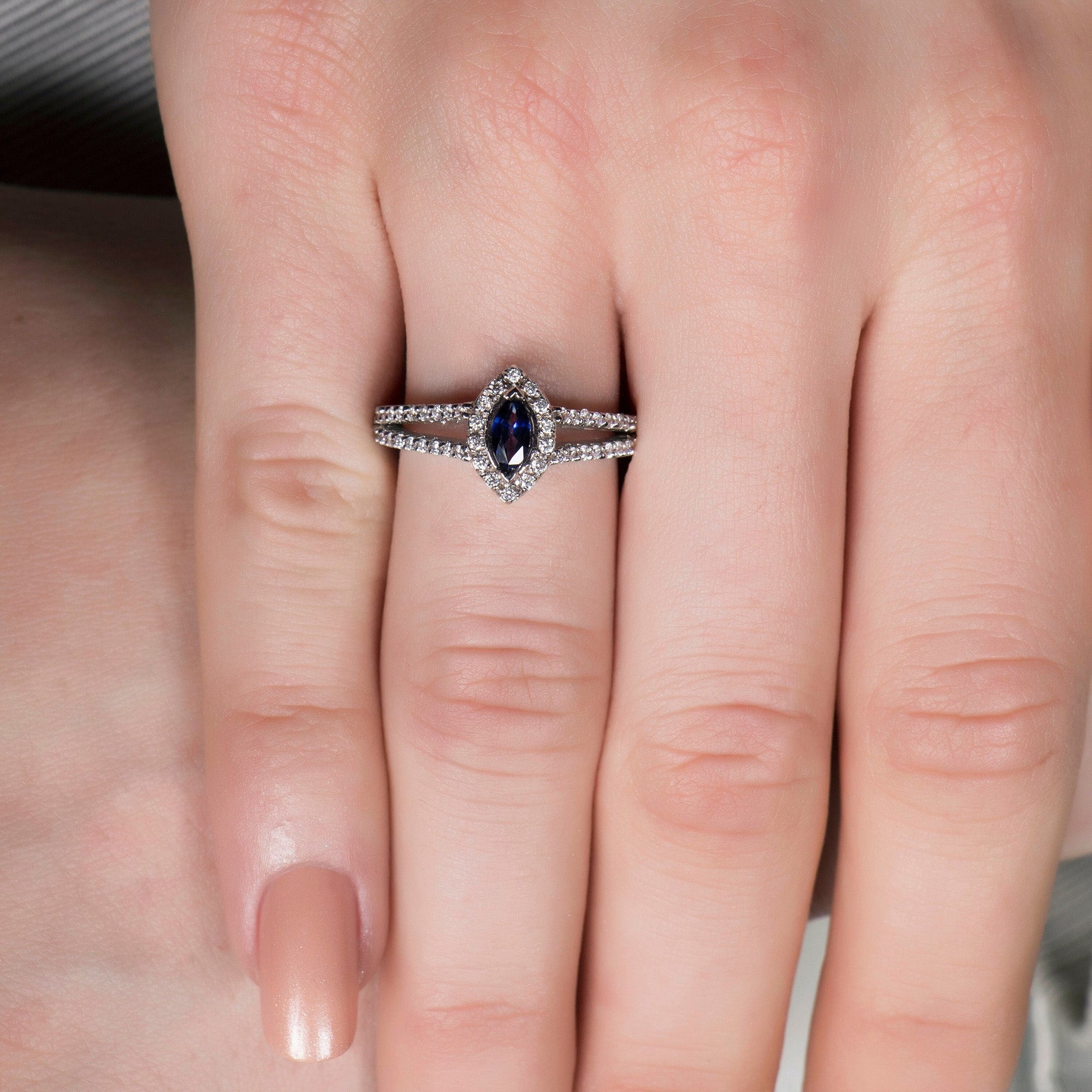 Natural Marquise Blue Sapphire and Diamond Ring in 18K Gold