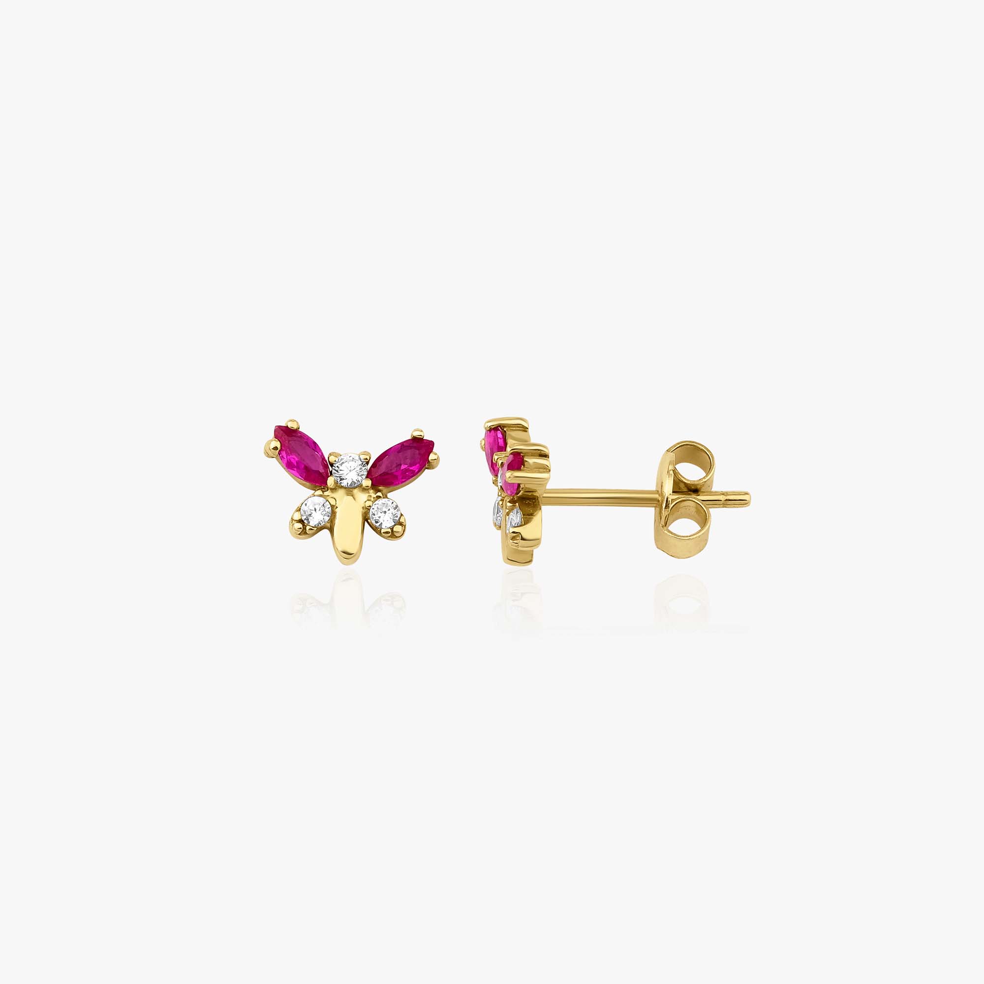 Gold butterfly earrings with pink gemstones on a white background