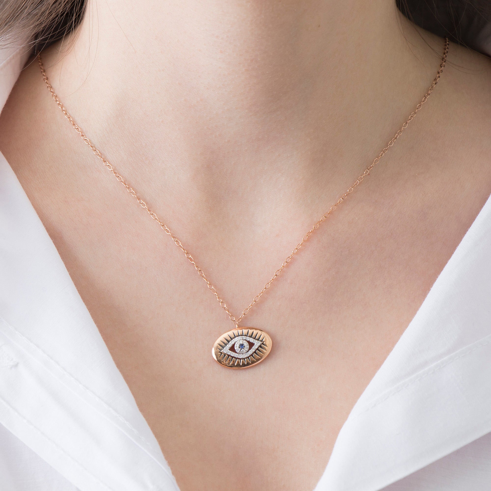 Carved Diamond and Sapphire Evil Eye Necklace in 14K Gold