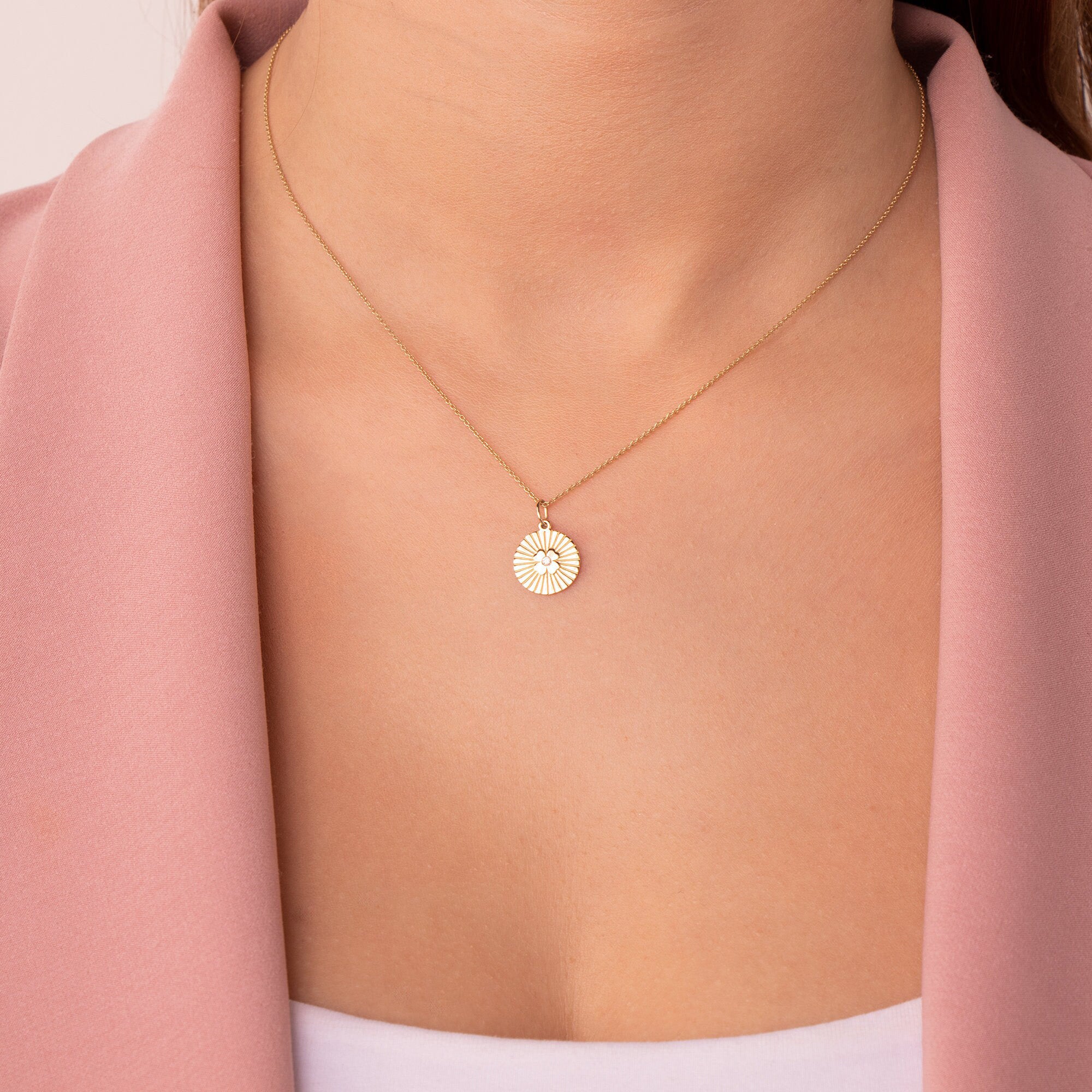 Diamond Clover Coin Necklace in 14K Gold