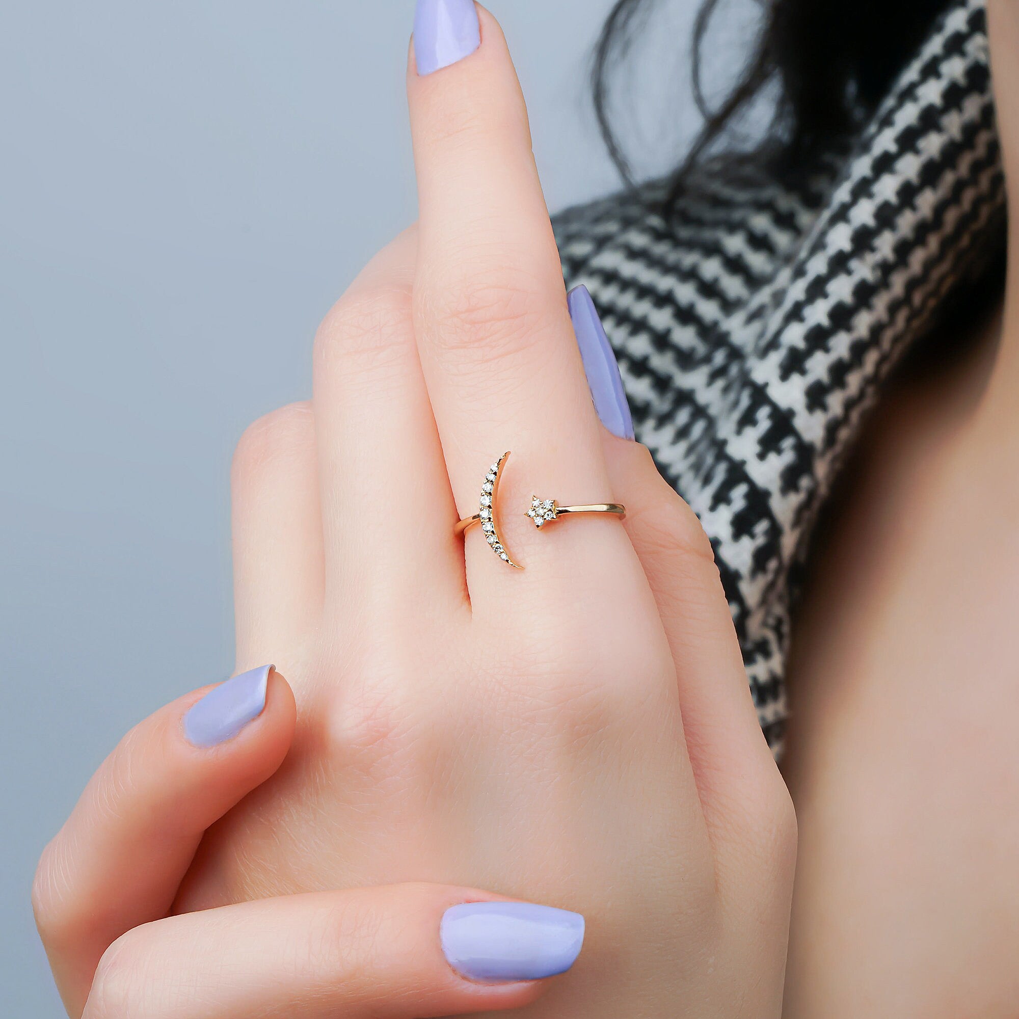 Diamond Crescent and Star Ring in 14K Gold