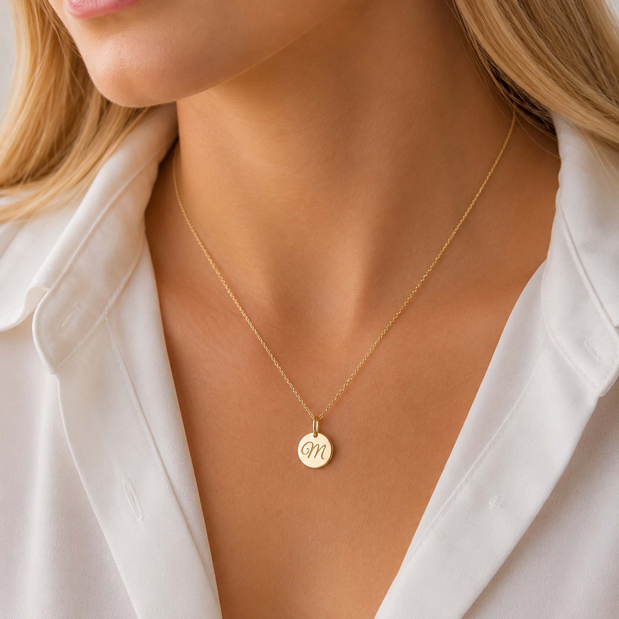 Mini Cursive Initial Disc Pendant in 14K Gold