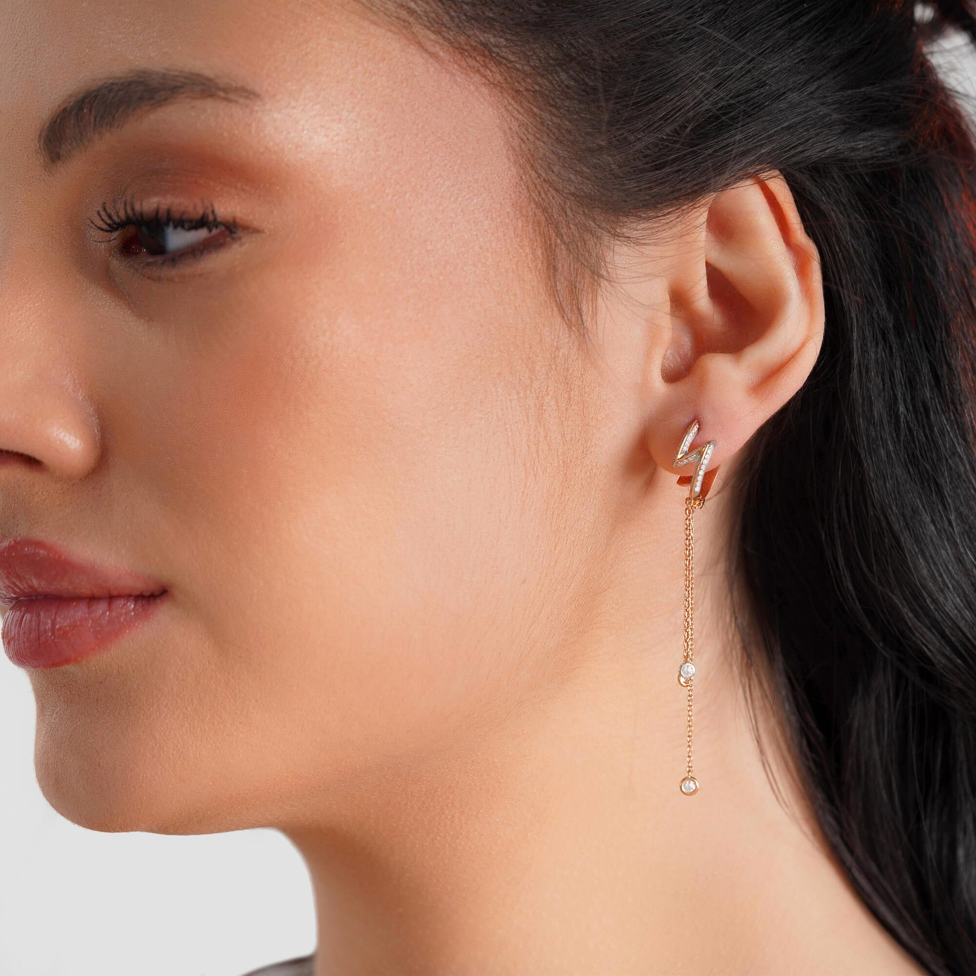 Diamond Lightning Huggie Hoops With Bezel Set Diamond Dangling Charms in 14K Gold