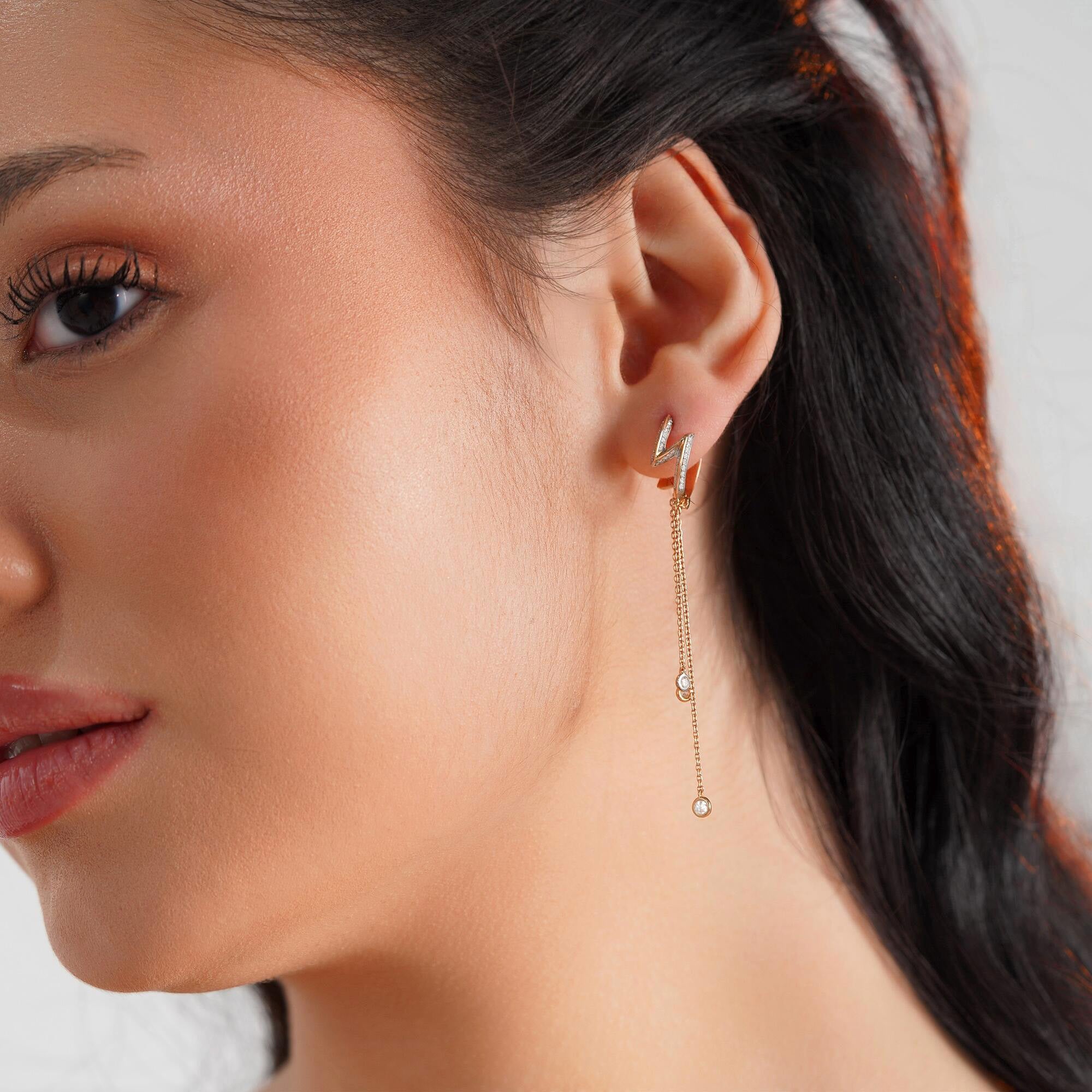 Diamond Lightning Huggie Hoops With Bezel Set Diamond Dangling Charms in 14K Gold