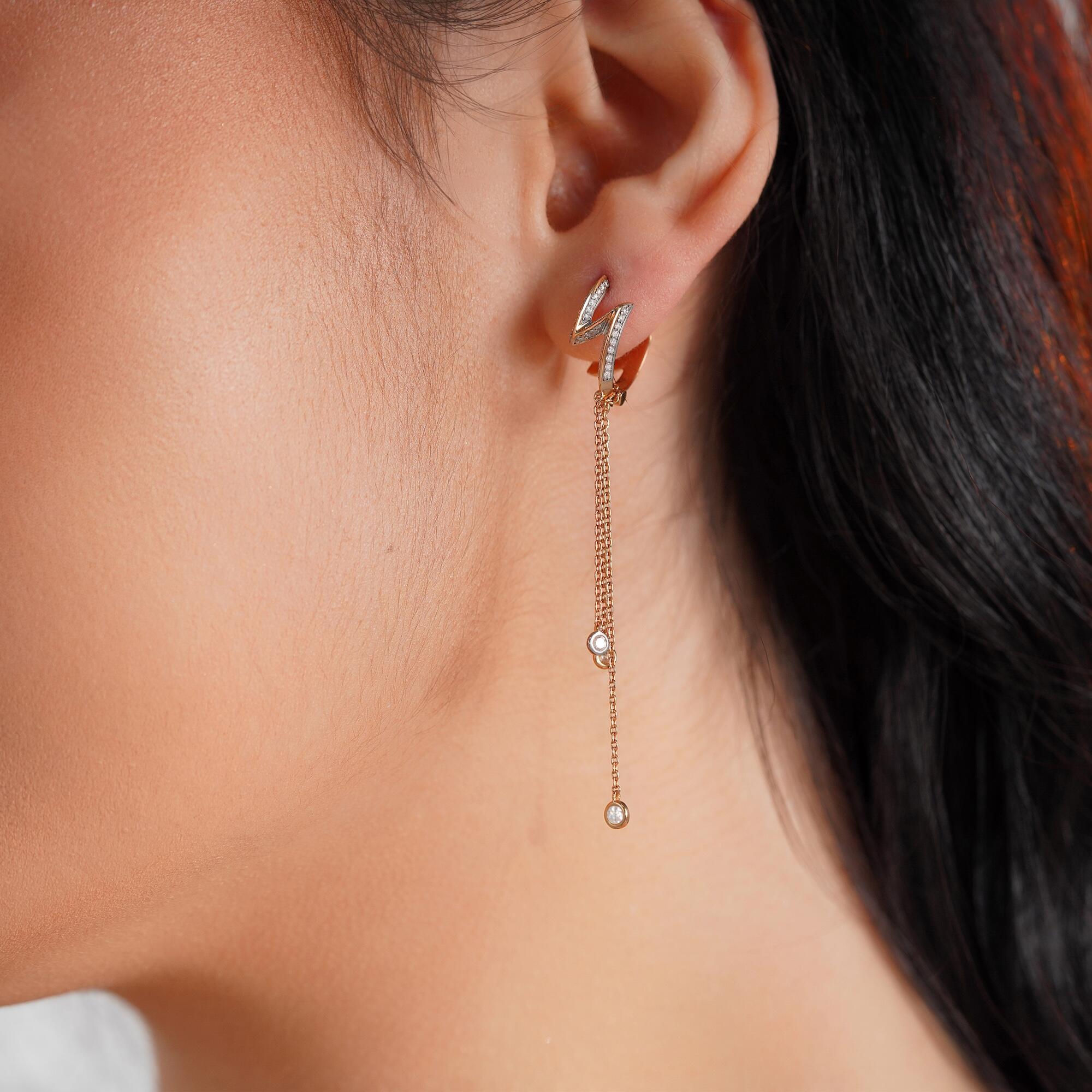 Diamond Lightning Huggie Hoops With Bezel Set Diamond Dangling Charms in 14K Gold