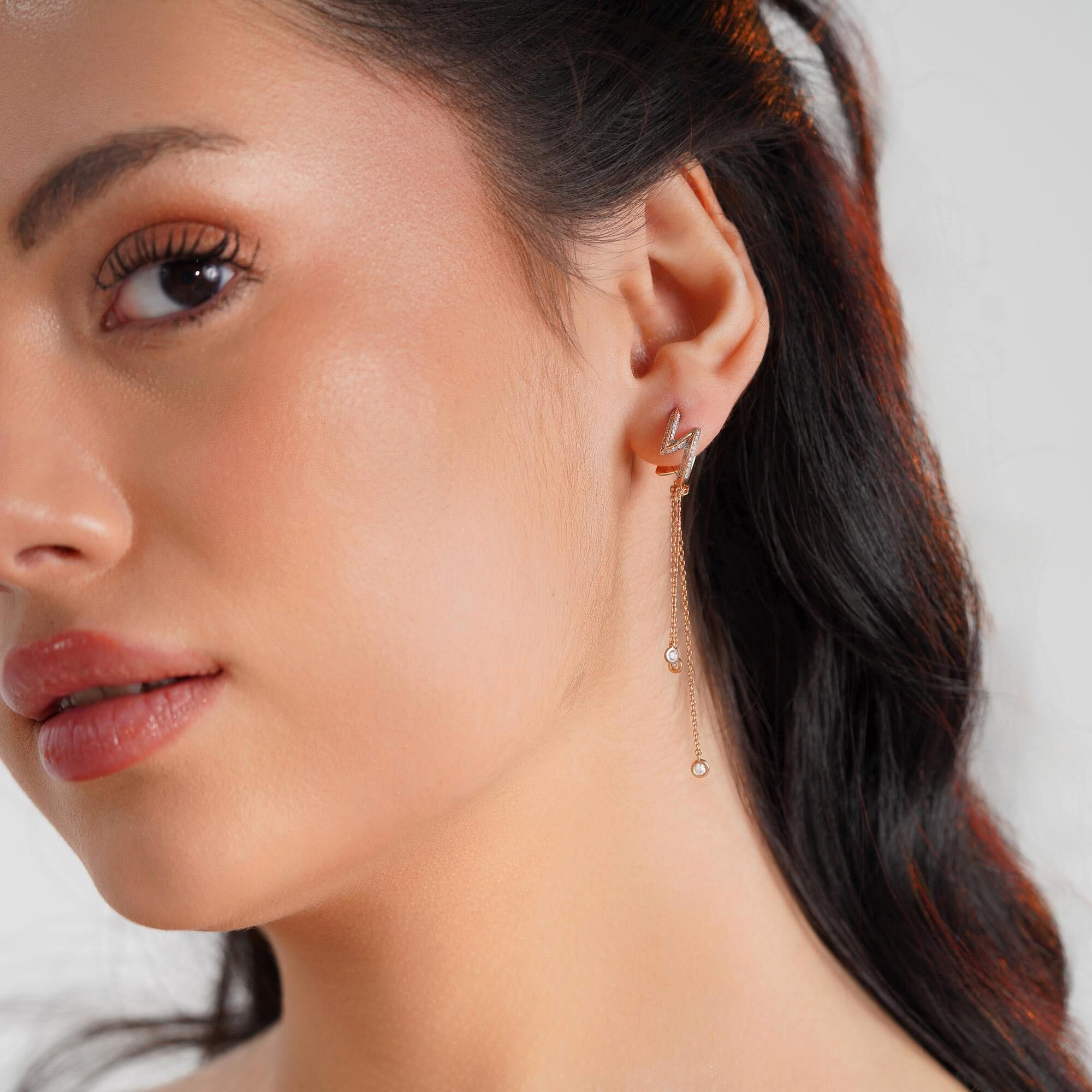 Diamond Lightning Huggie Hoops With Bezel Set Diamond Dangling Charms in 14K Gold