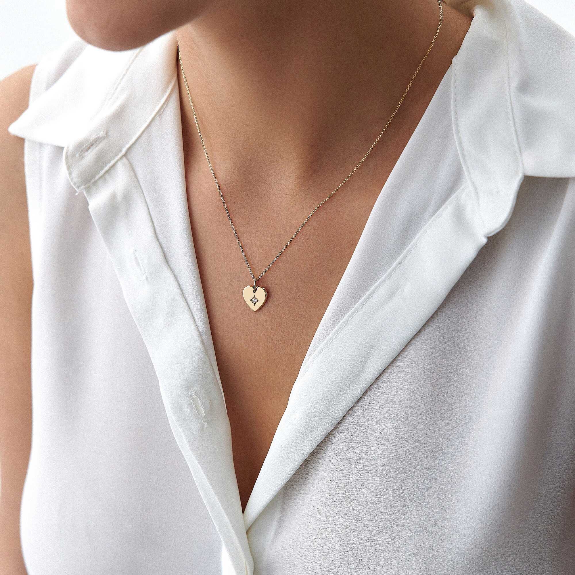 Diamond Star Inlaid Heart Necklace in 14K Gold