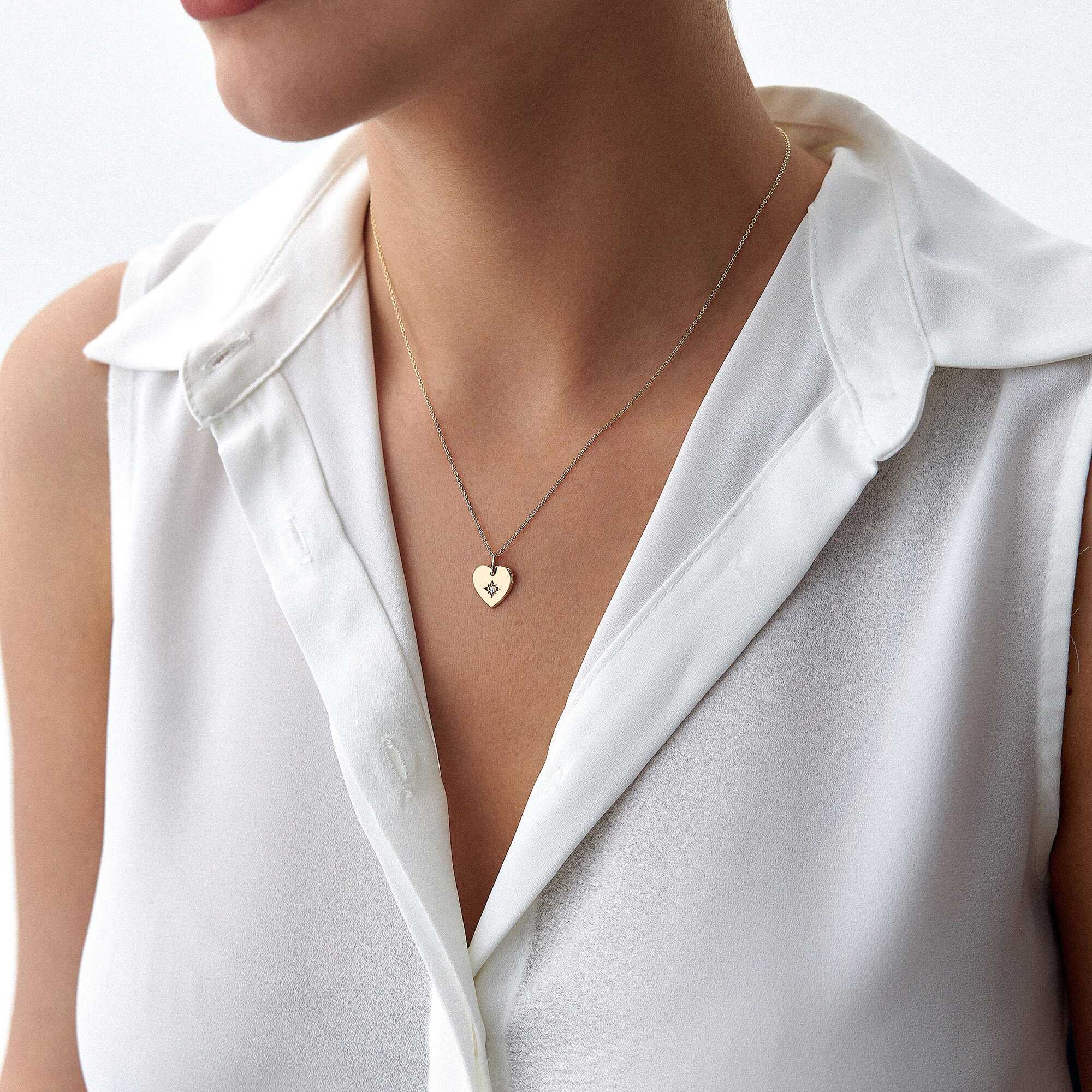 Diamond Star Inlaid Heart Necklace in 14K Gold