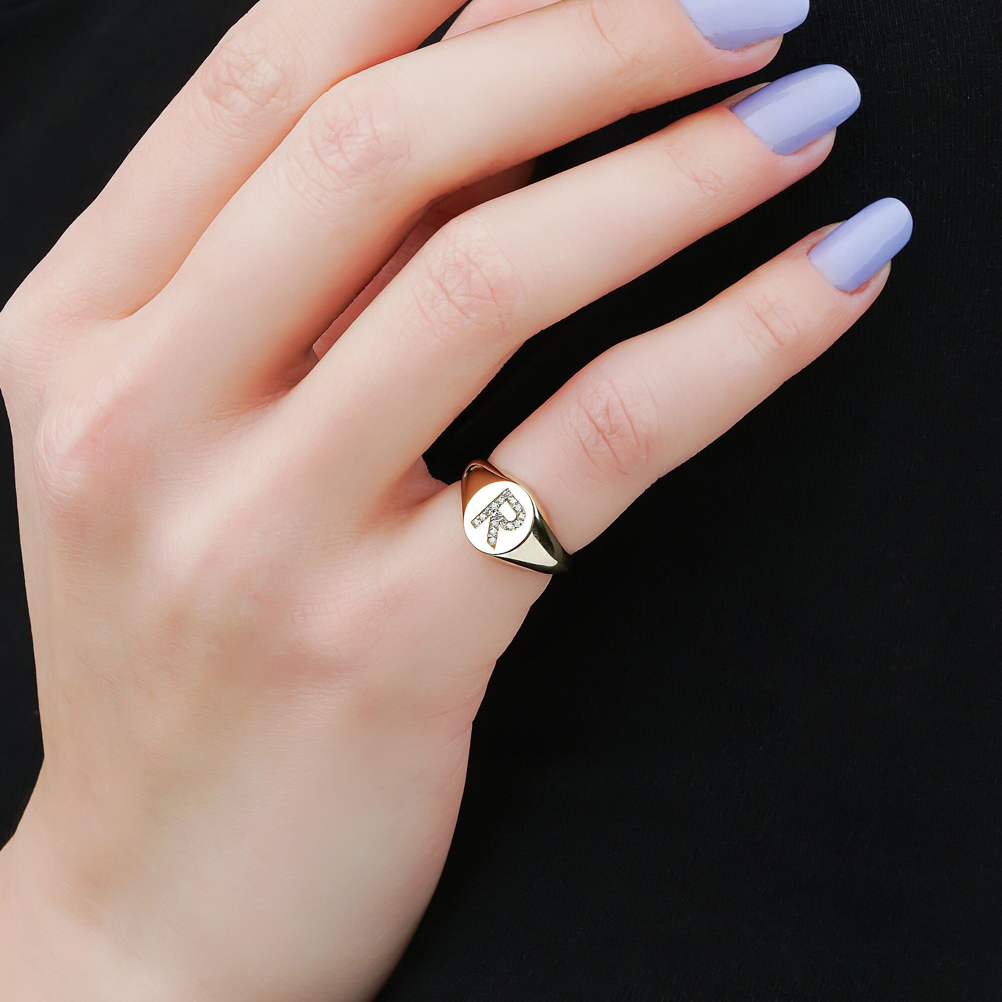 Diamond Initial Signet Ring in 14K Gold