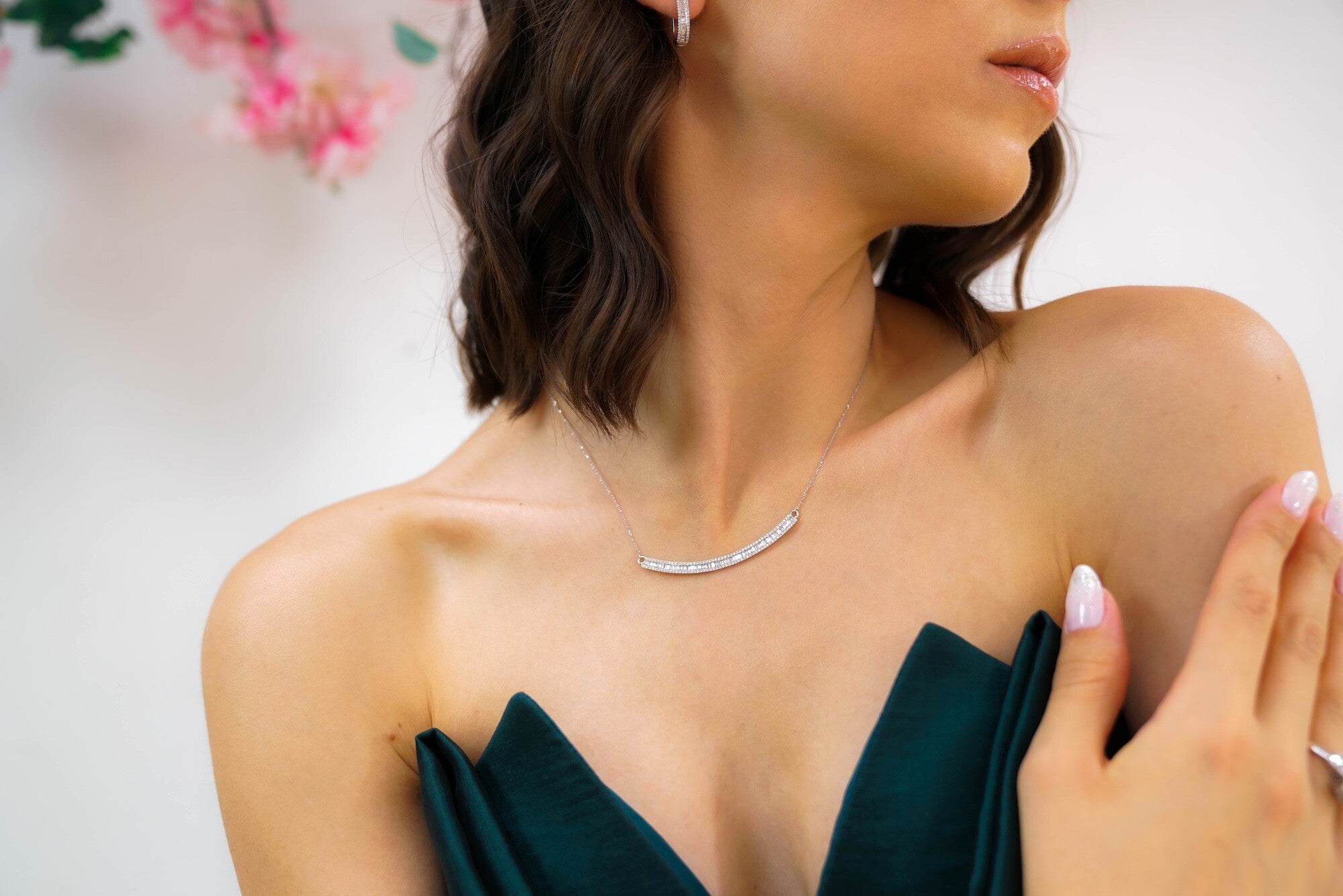Diamond Curved Baguette Bar Necklace
