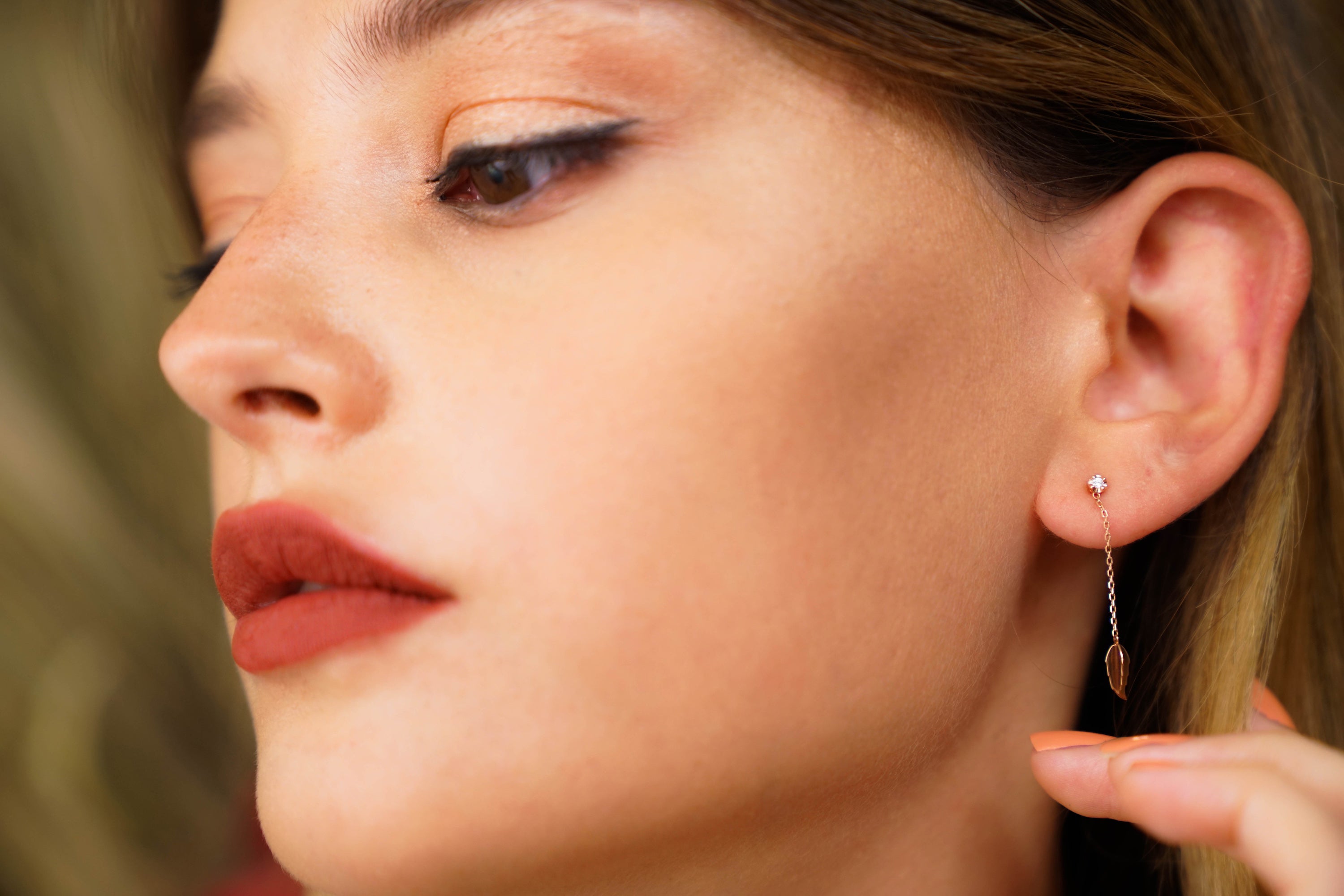 Mini Diamond Dangle Leaf Earrings in 14K Gold