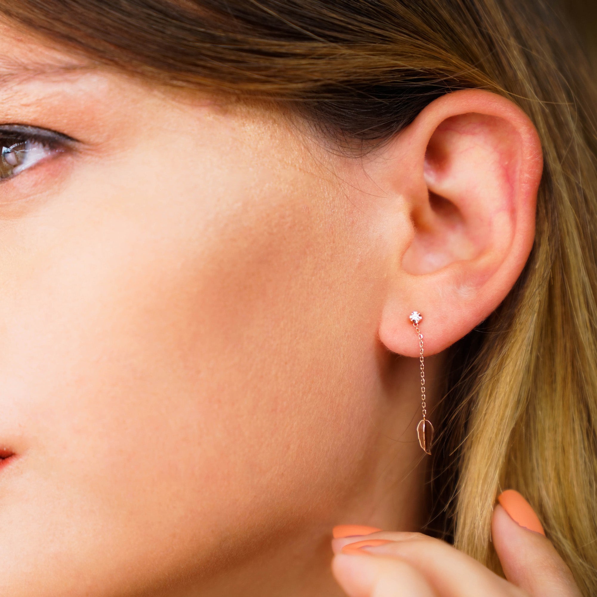 Mini Diamond Dangle Leaf Earrings in 14K Gold