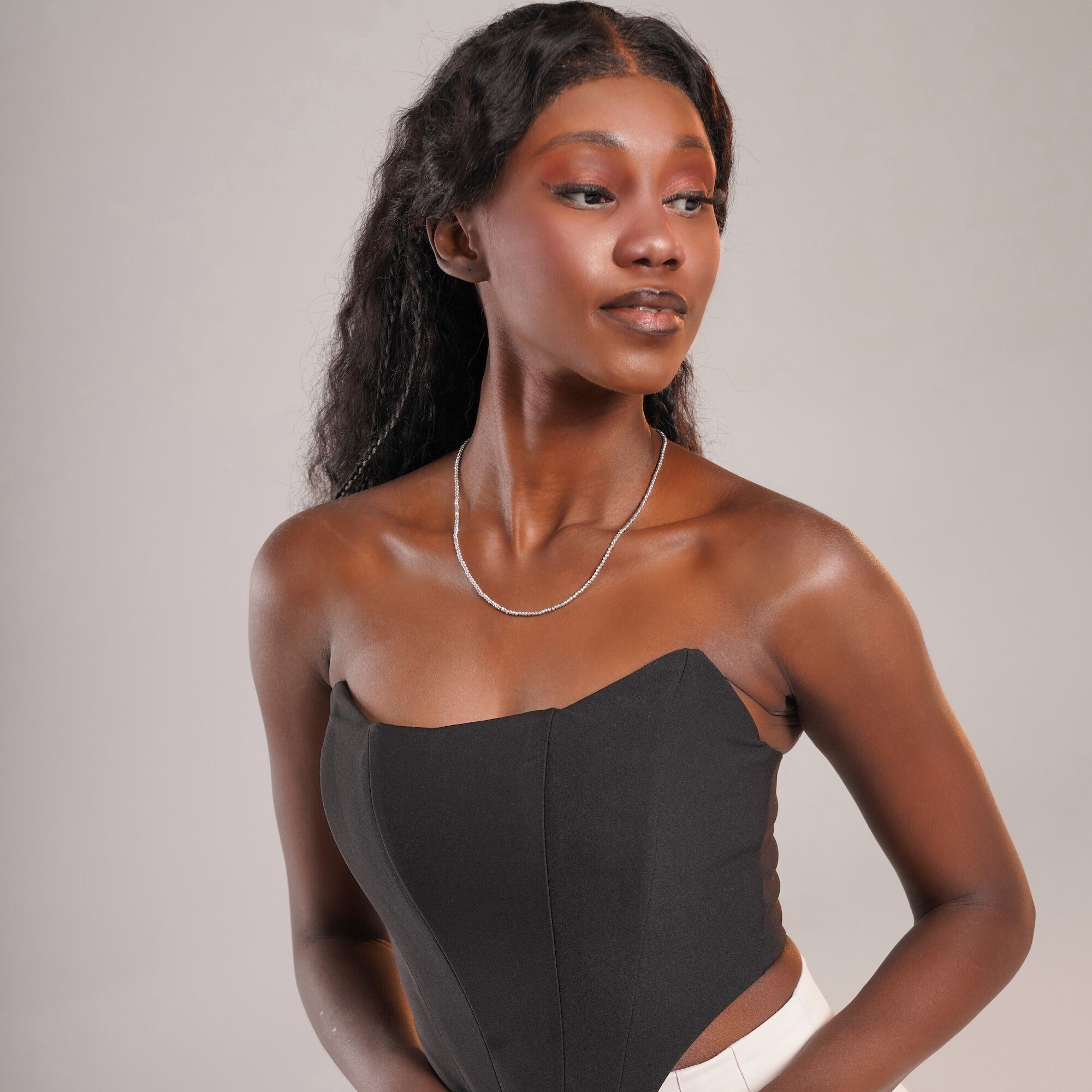 White Gold Laser Cut Beaded Chain Necklace