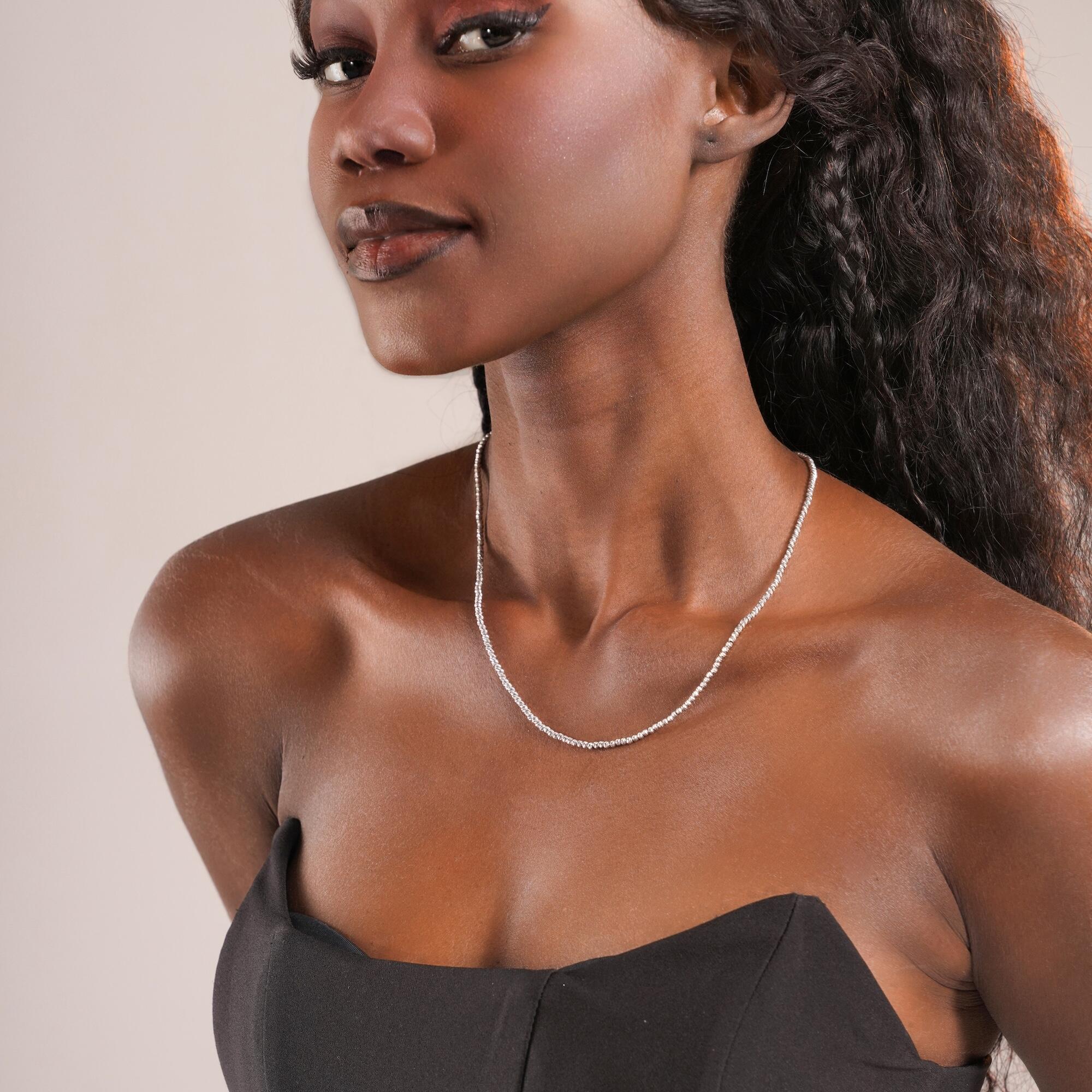 White Gold Laser Cut Beaded Chain Necklace