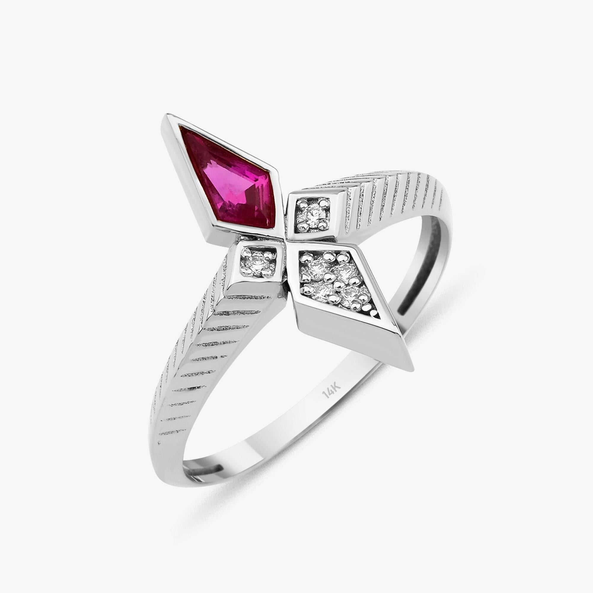 Kite Cut Ruby and Diamond Ring in 14K Gold