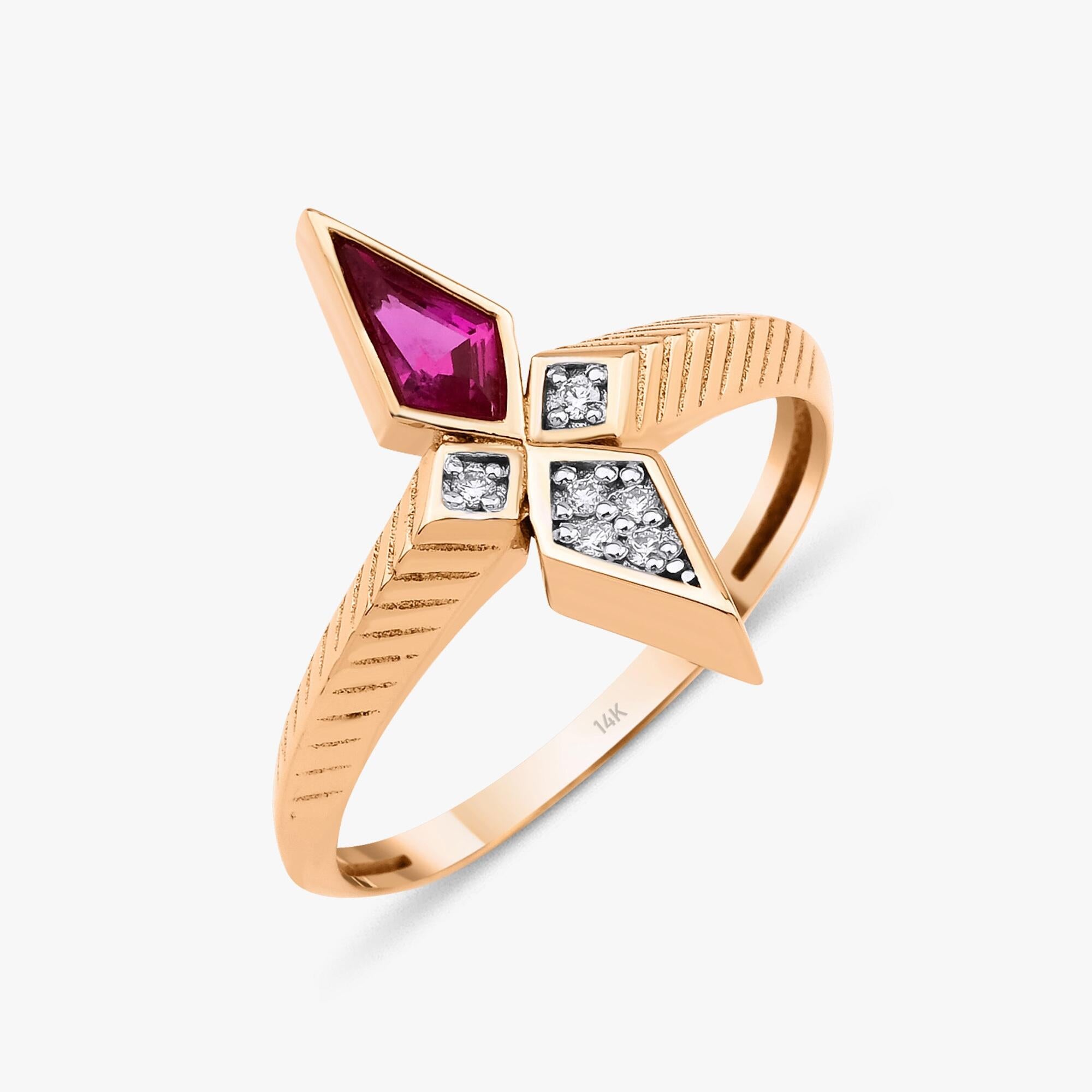 Kite Cut Ruby and Diamond Ring in 14K Gold