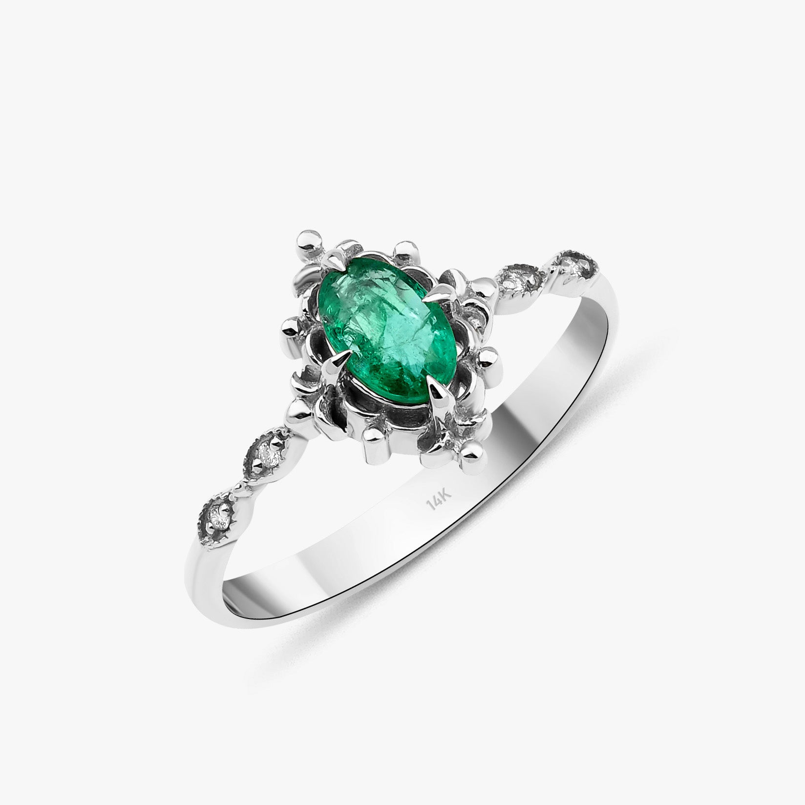 Vintage Style Emerald and Diamond Ring in 14K Gold