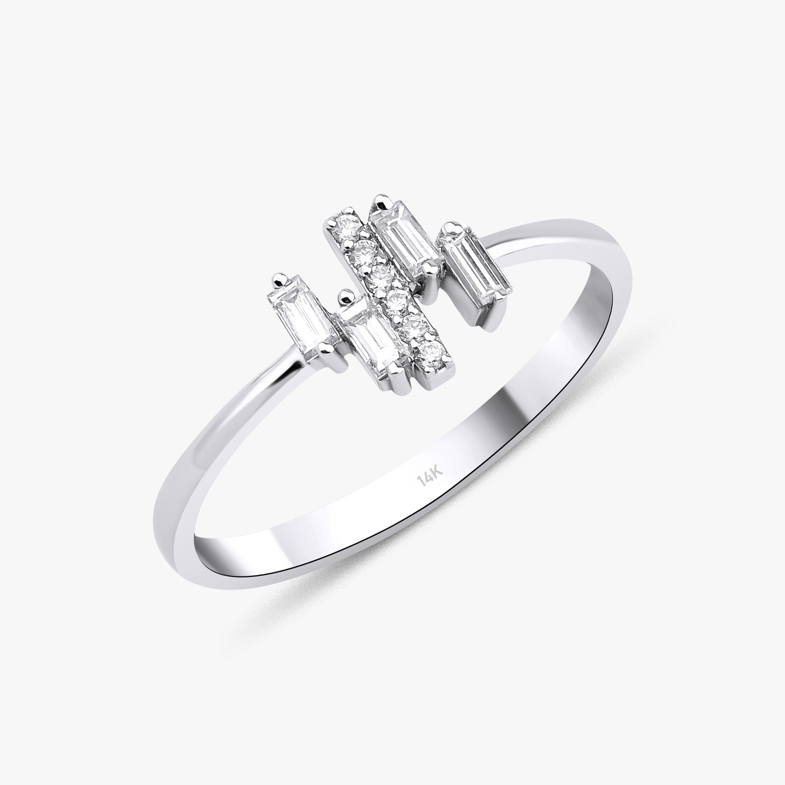 Dainty Baguette and Round Cut Diamond Ring in 14K Gold