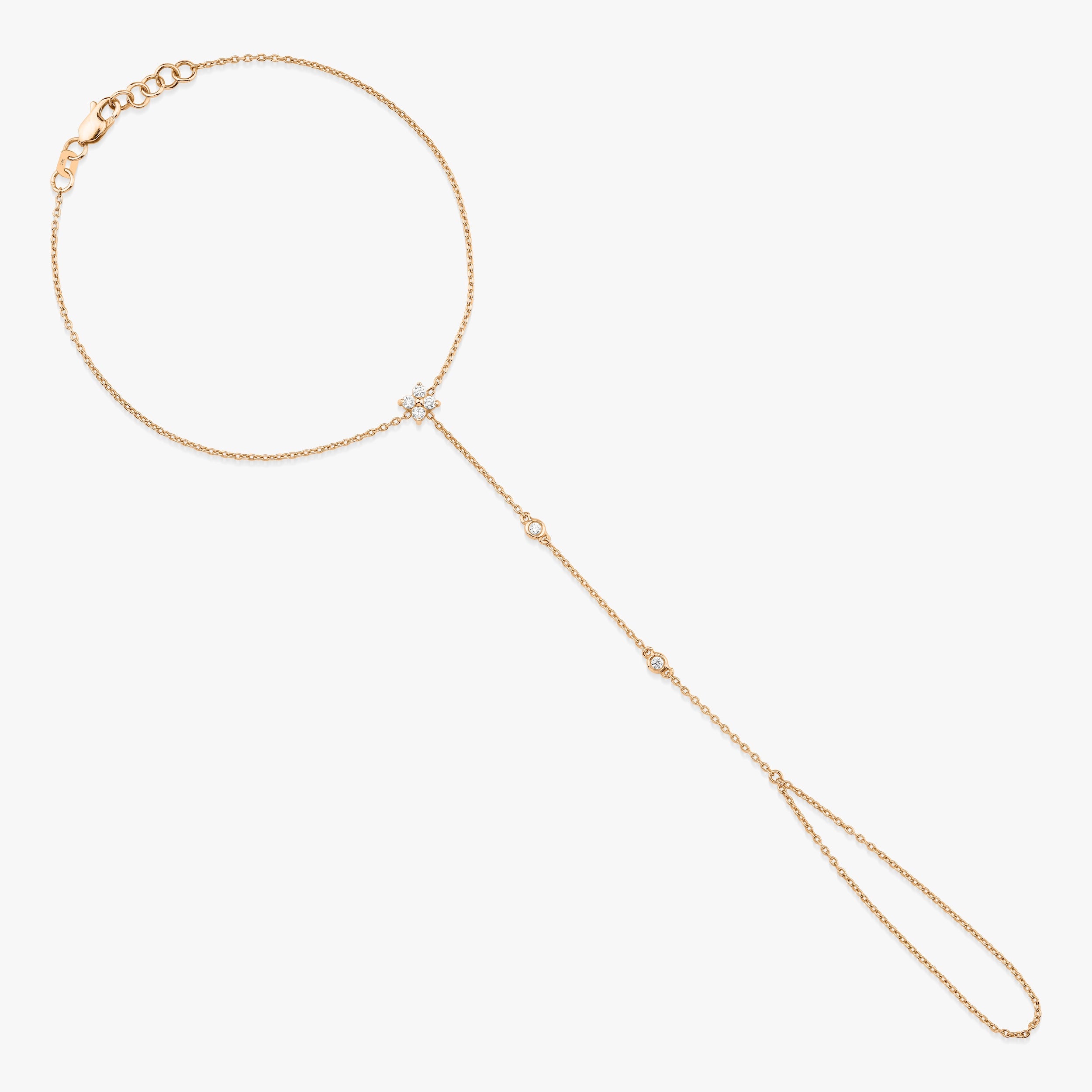 Diamond Mini Clover Station Hand Chain Bracelet in 14K Gold