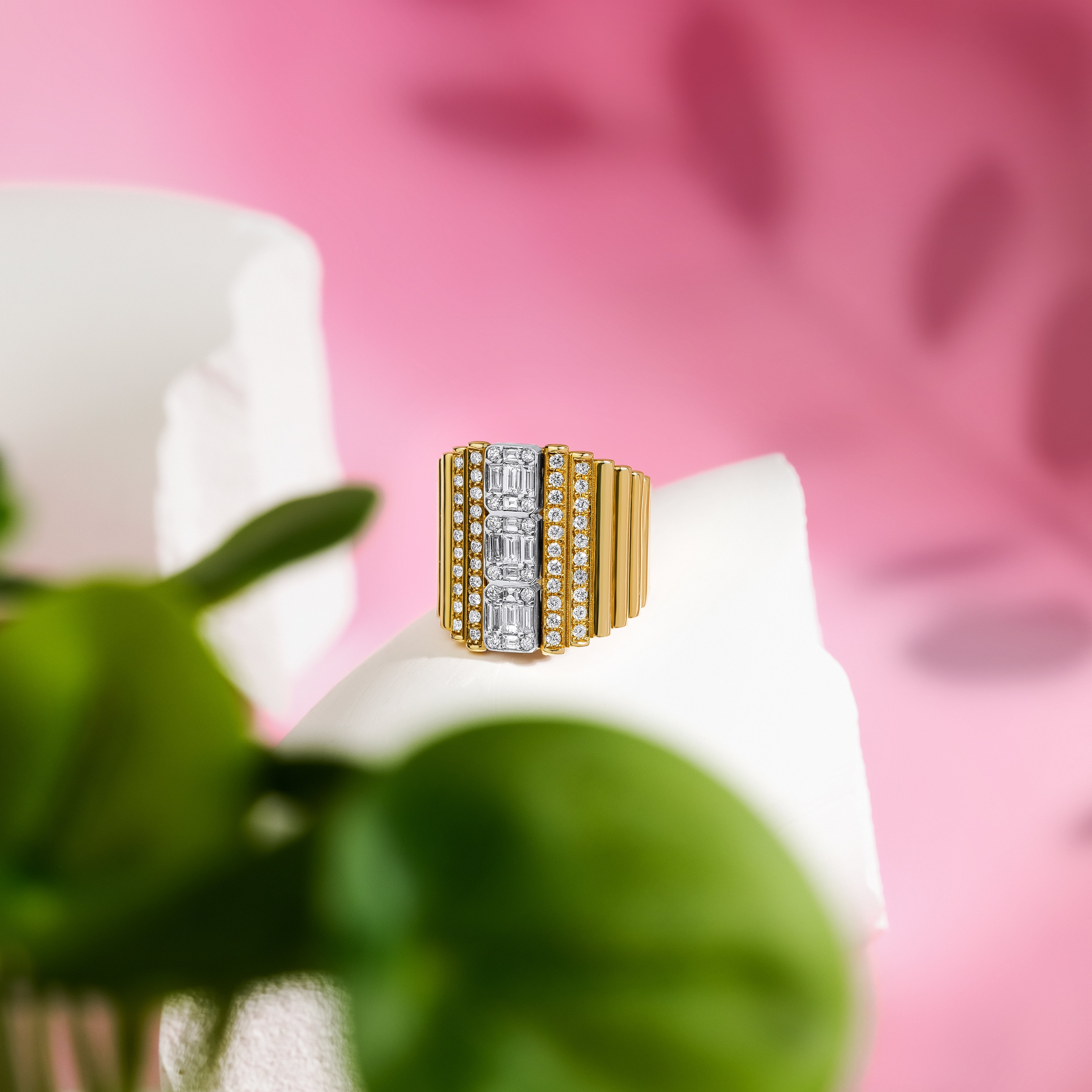 Large Textured Baguette Diamond Ring in 14K Gold