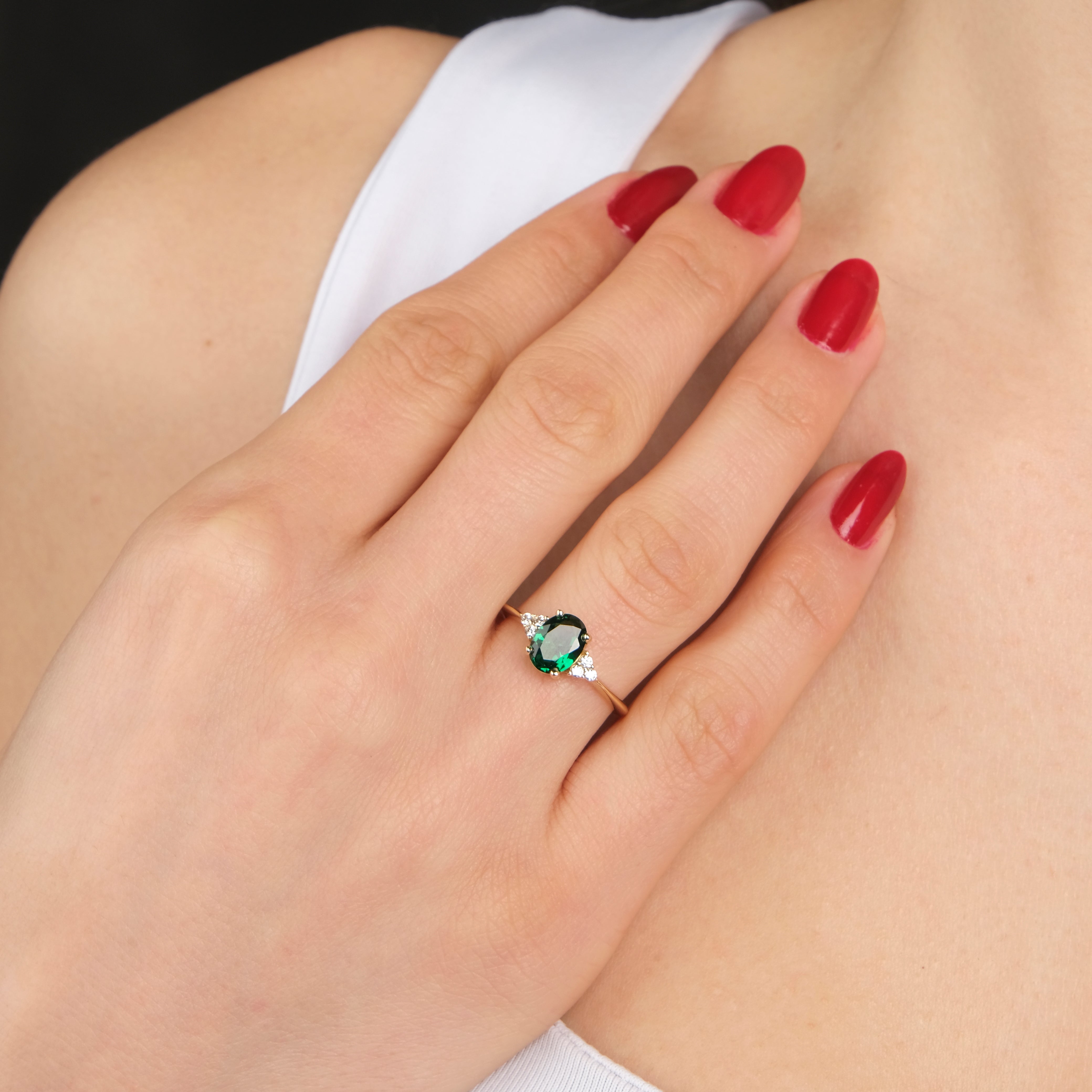 Oval Cut Green Gemstone Ring in 14K Gold