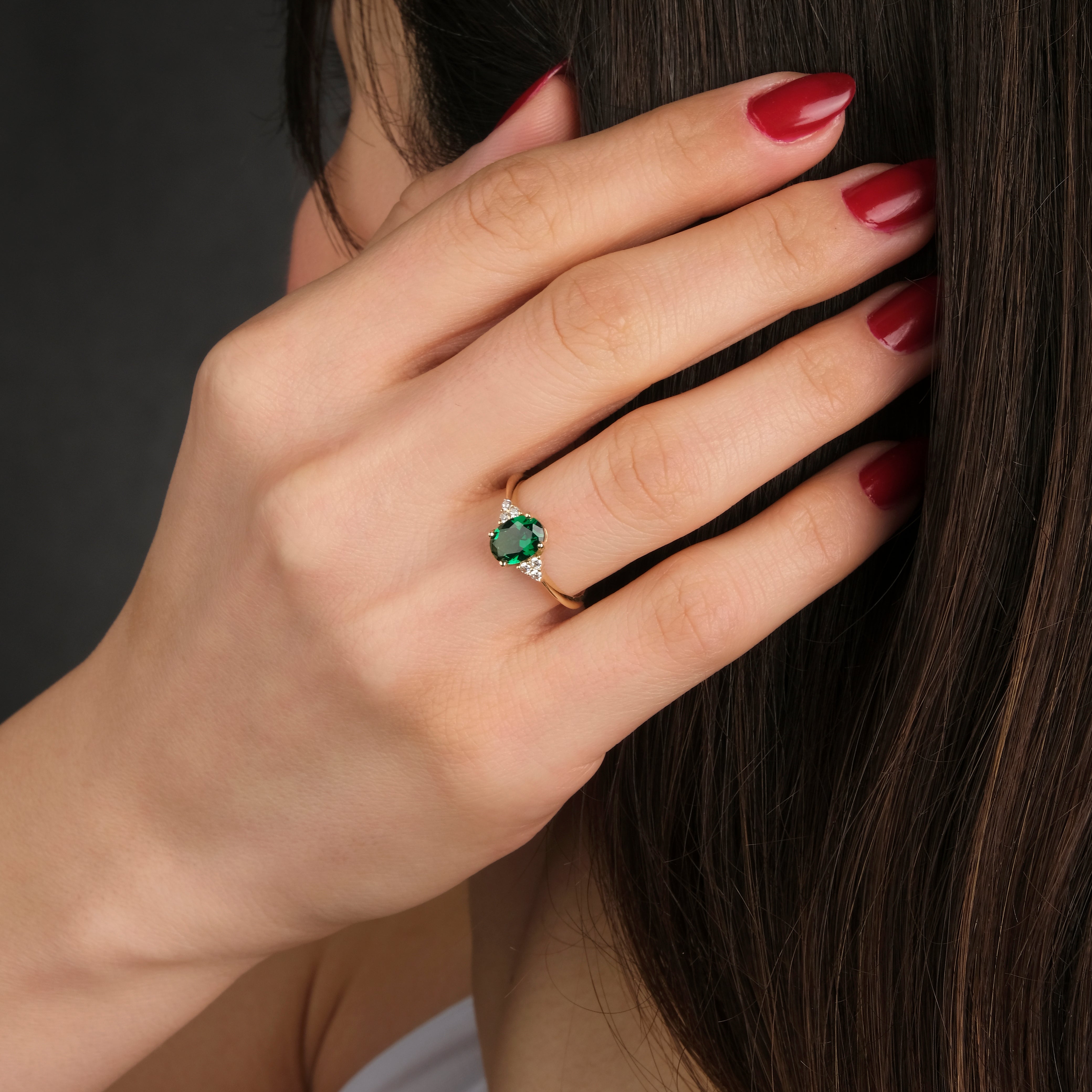 Oval Cut Green Gemstone Ring in 14K Gold