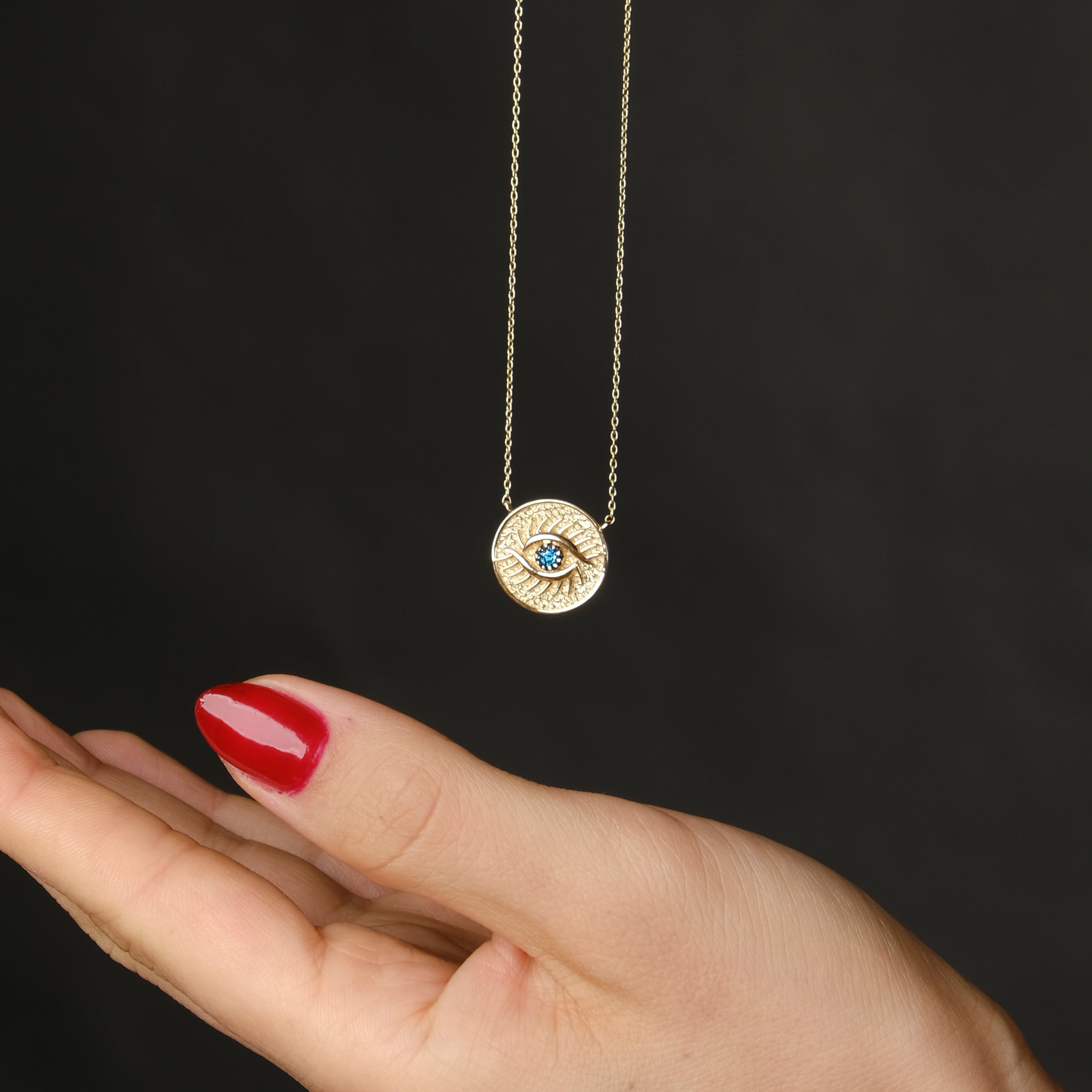 Vintage Blue Diamond Eye Medallion Necklace in 14K Gold