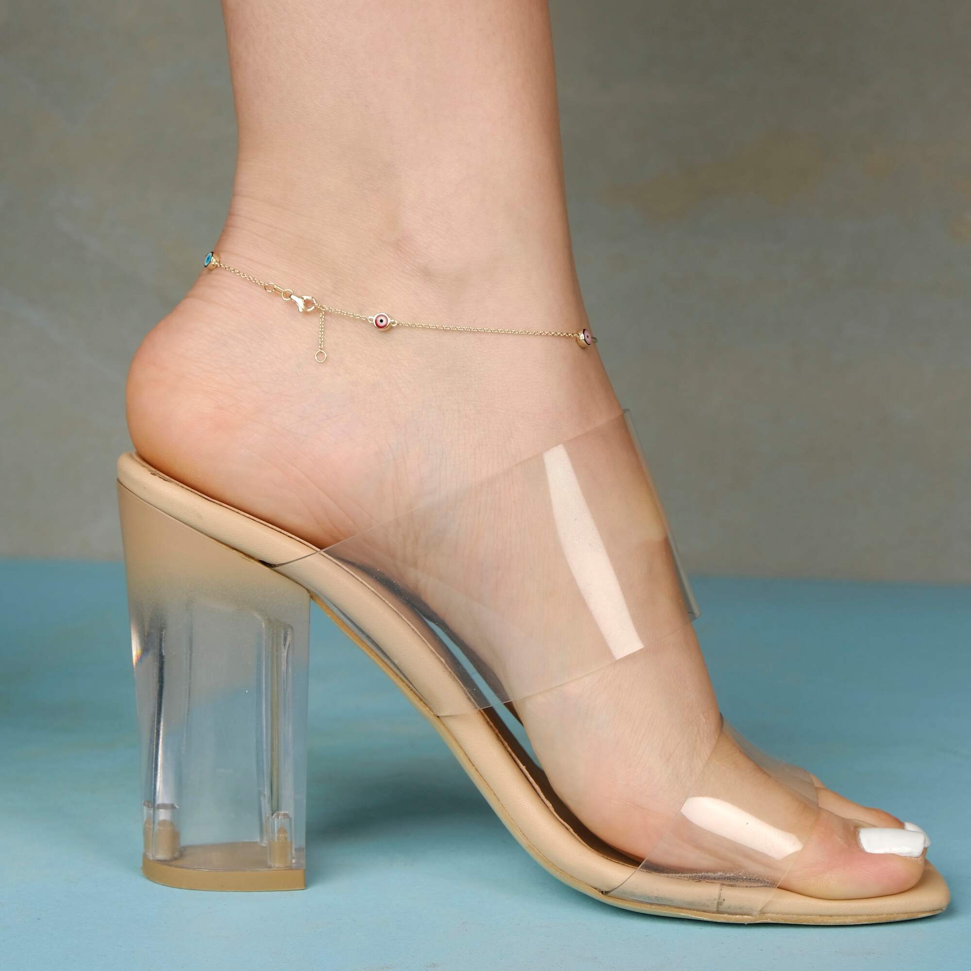 Five Multicolor Evil Eye Anklet in 14K Gold