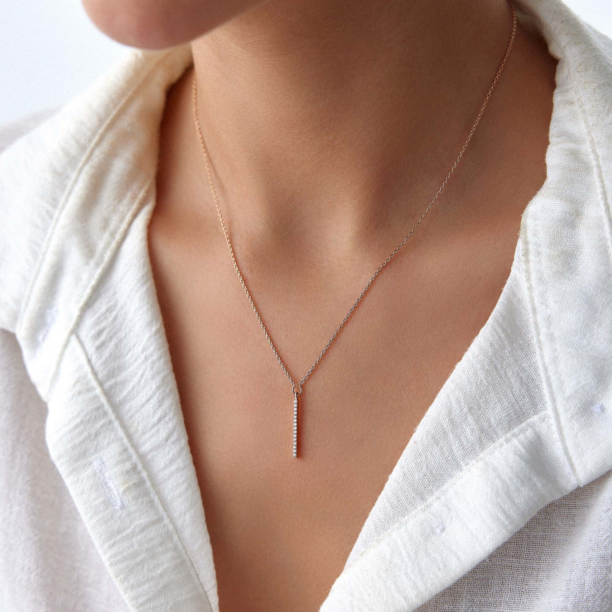 Minimal Vertical Diamond Bar Necklace in 14K Gold