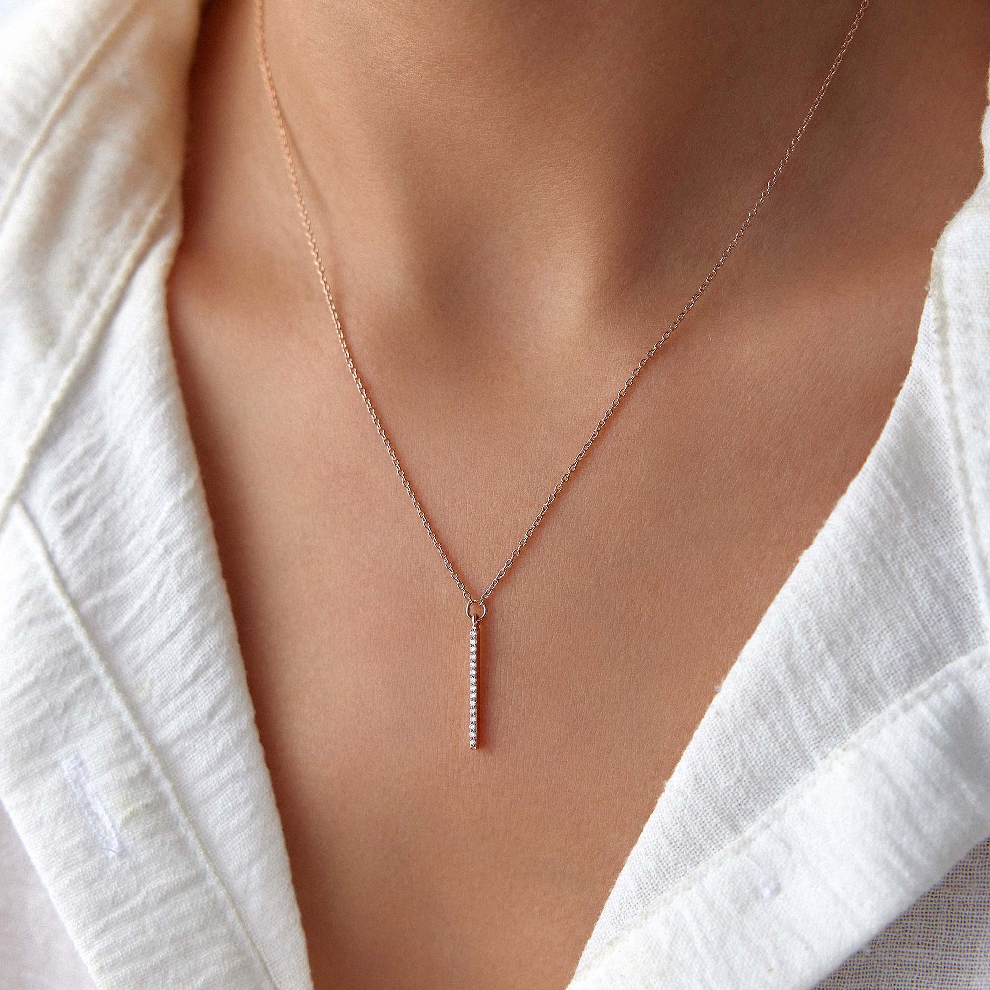 Minimal Vertical Diamond Bar Necklace in 14K Gold