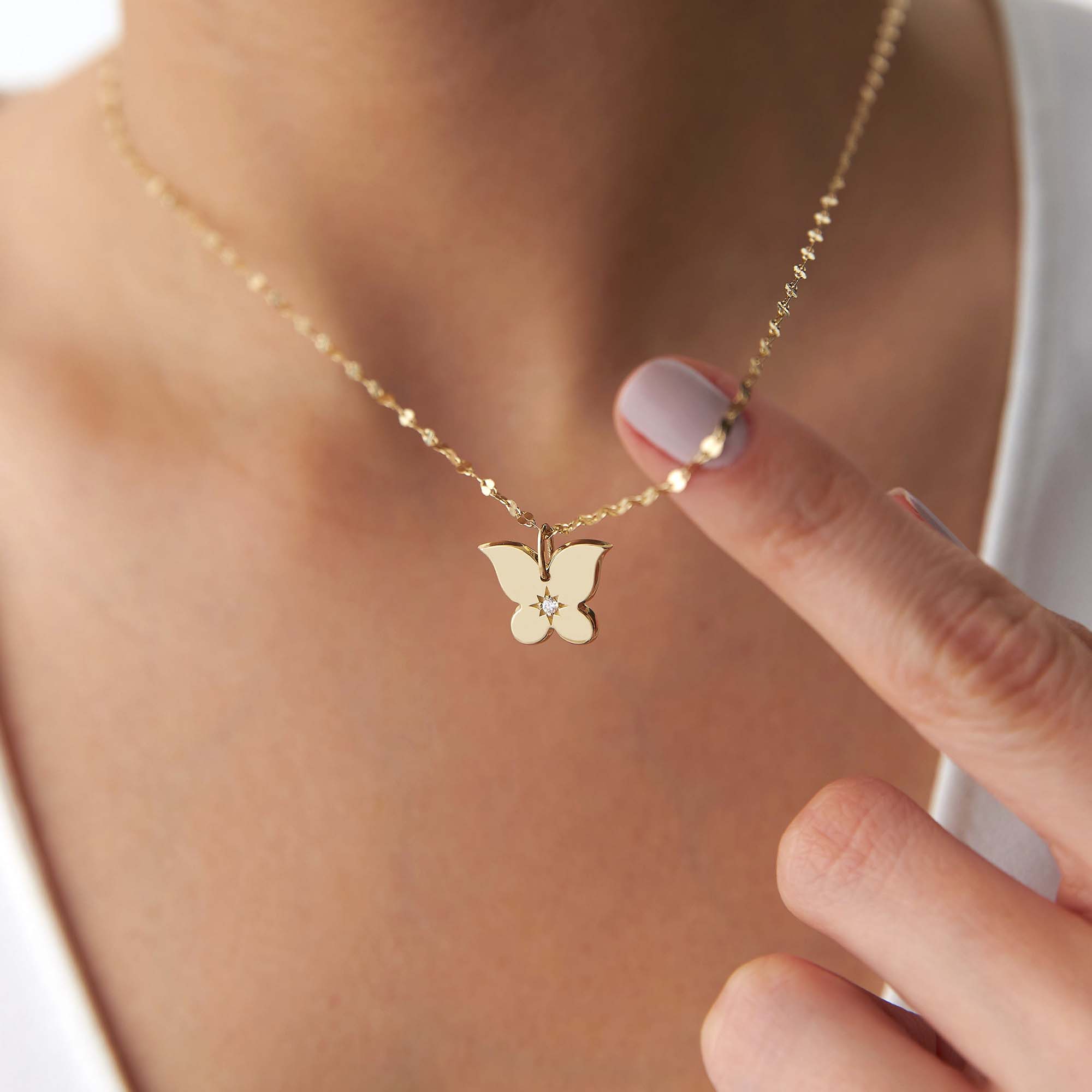 Diamond Star Inlaid Butterfly Pendant in 14K Gold