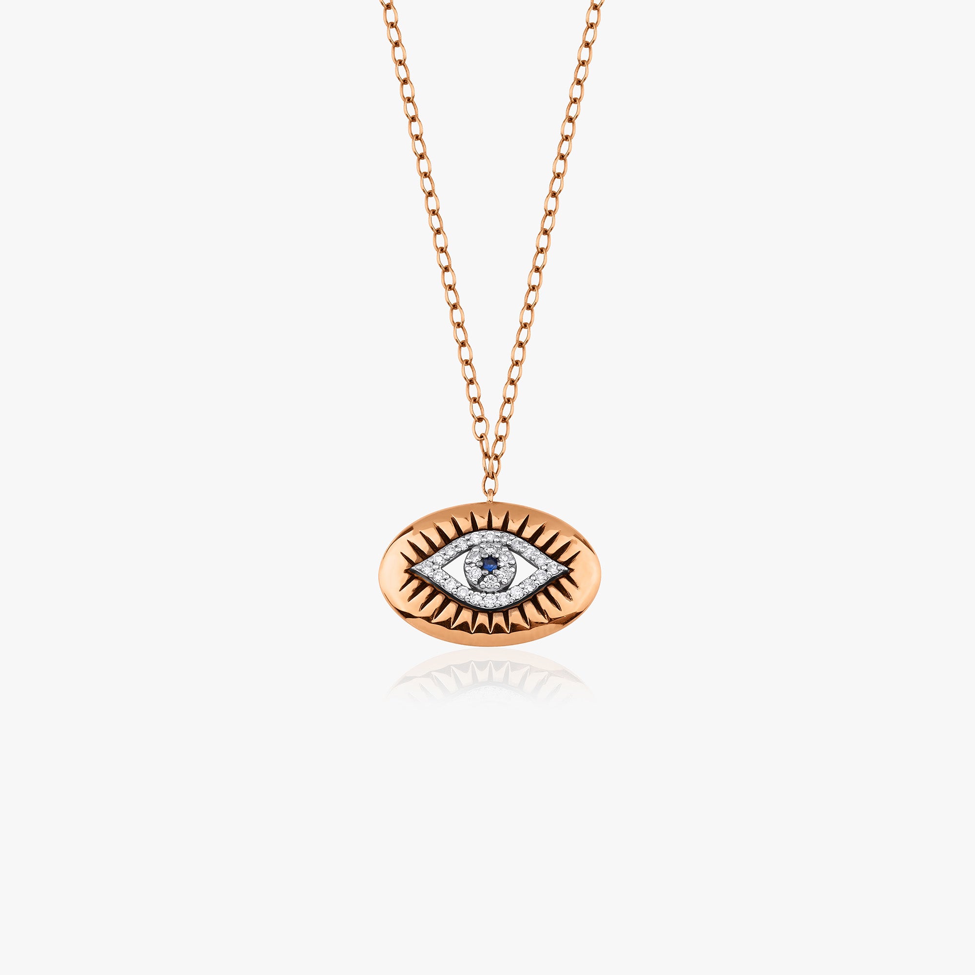 Carved Diamond and Sapphire Evil Eye Necklace in 14K Gold