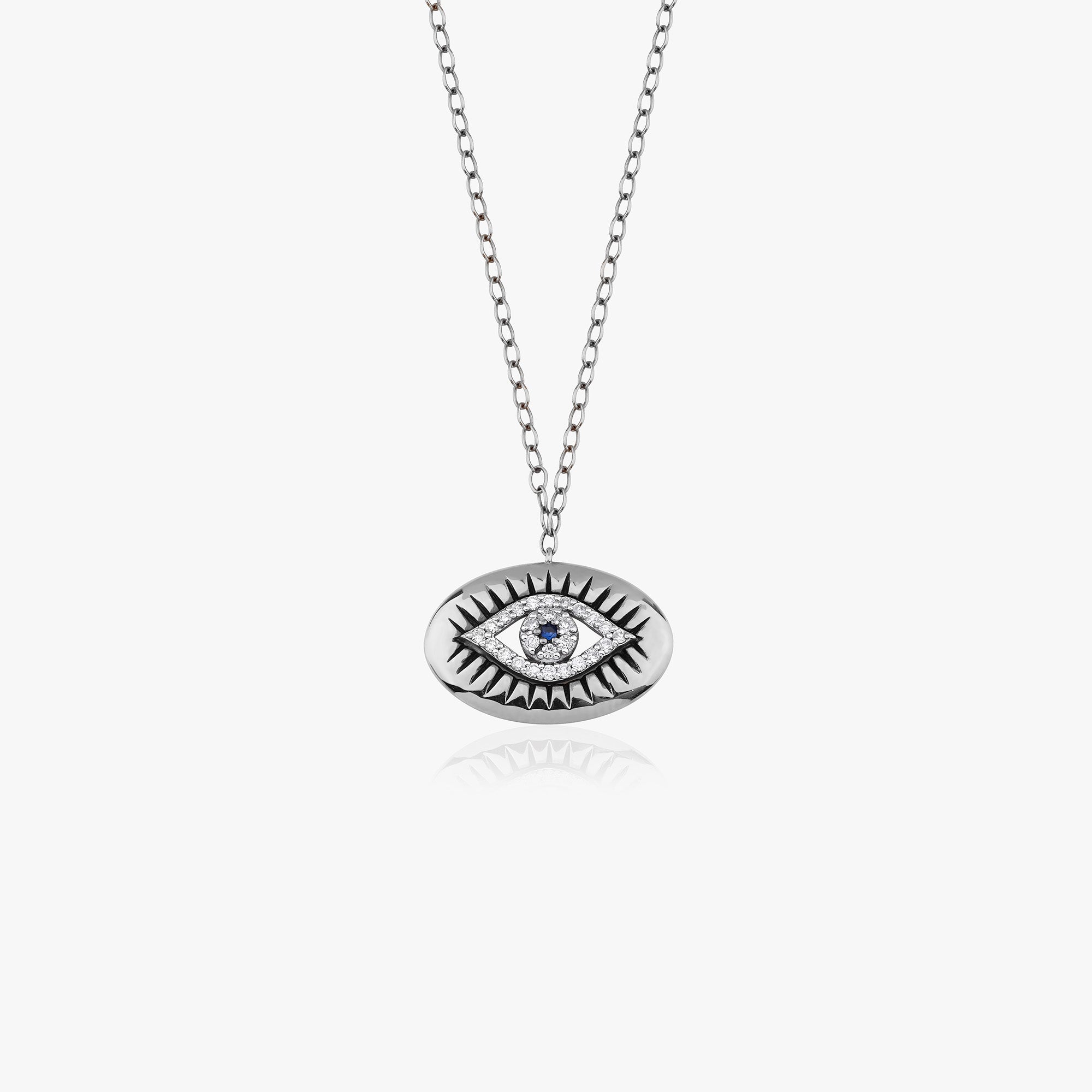 Carved Diamond and Sapphire Evil Eye Necklace in 14K Gold