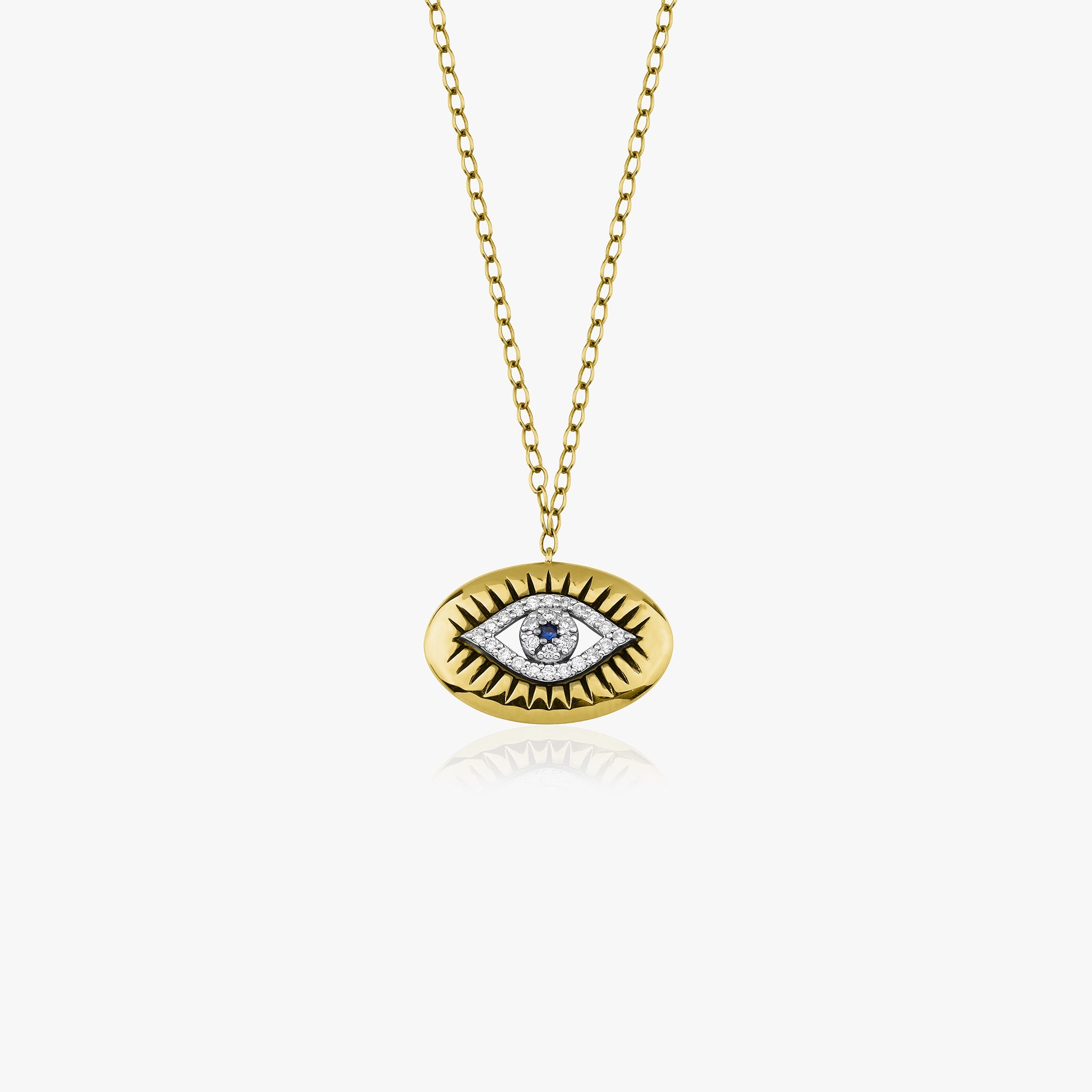 Carved Diamond and Sapphire Evil Eye Necklace in 14K Gold