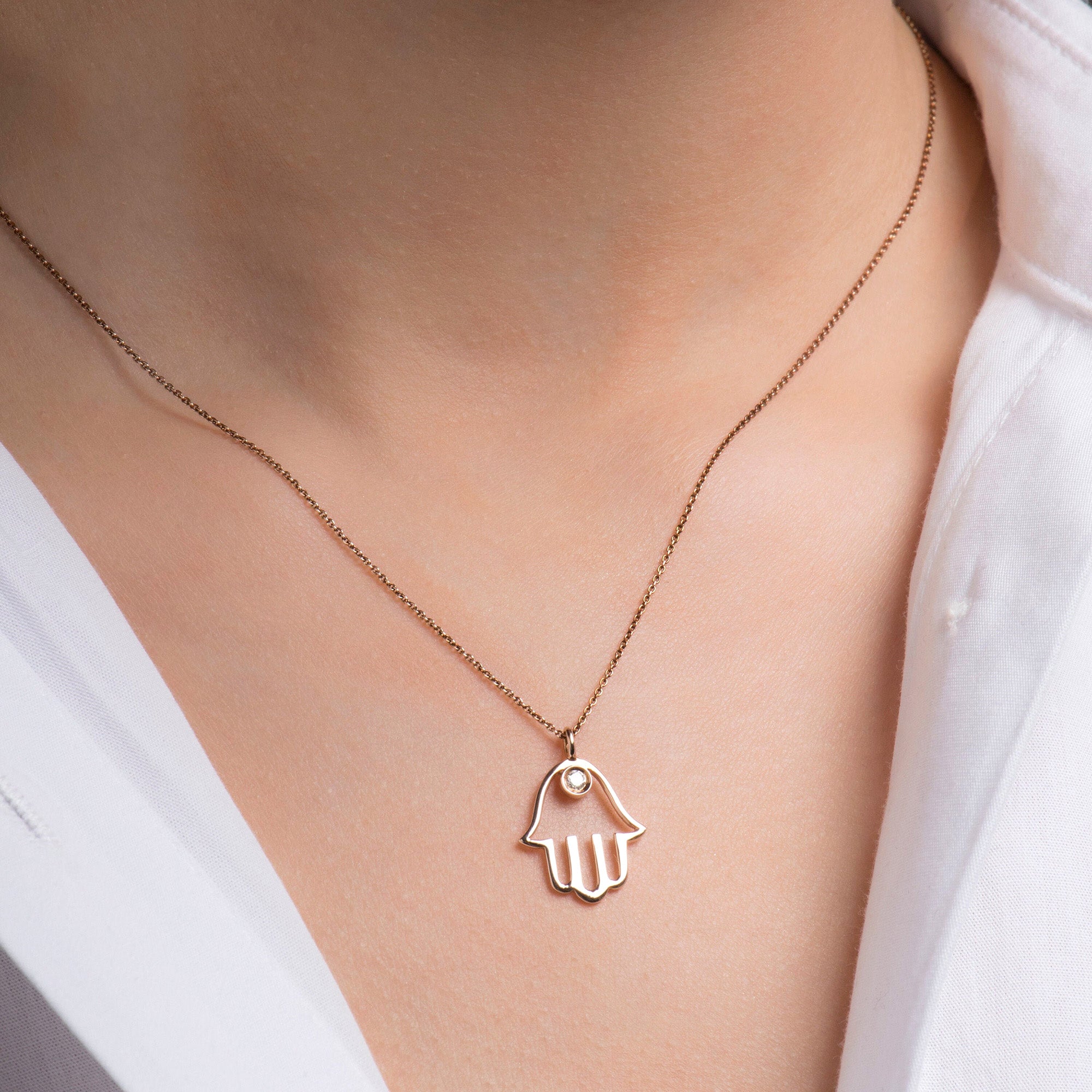 Diamond Hamsa Necklace Available in 14K and 18K Gold